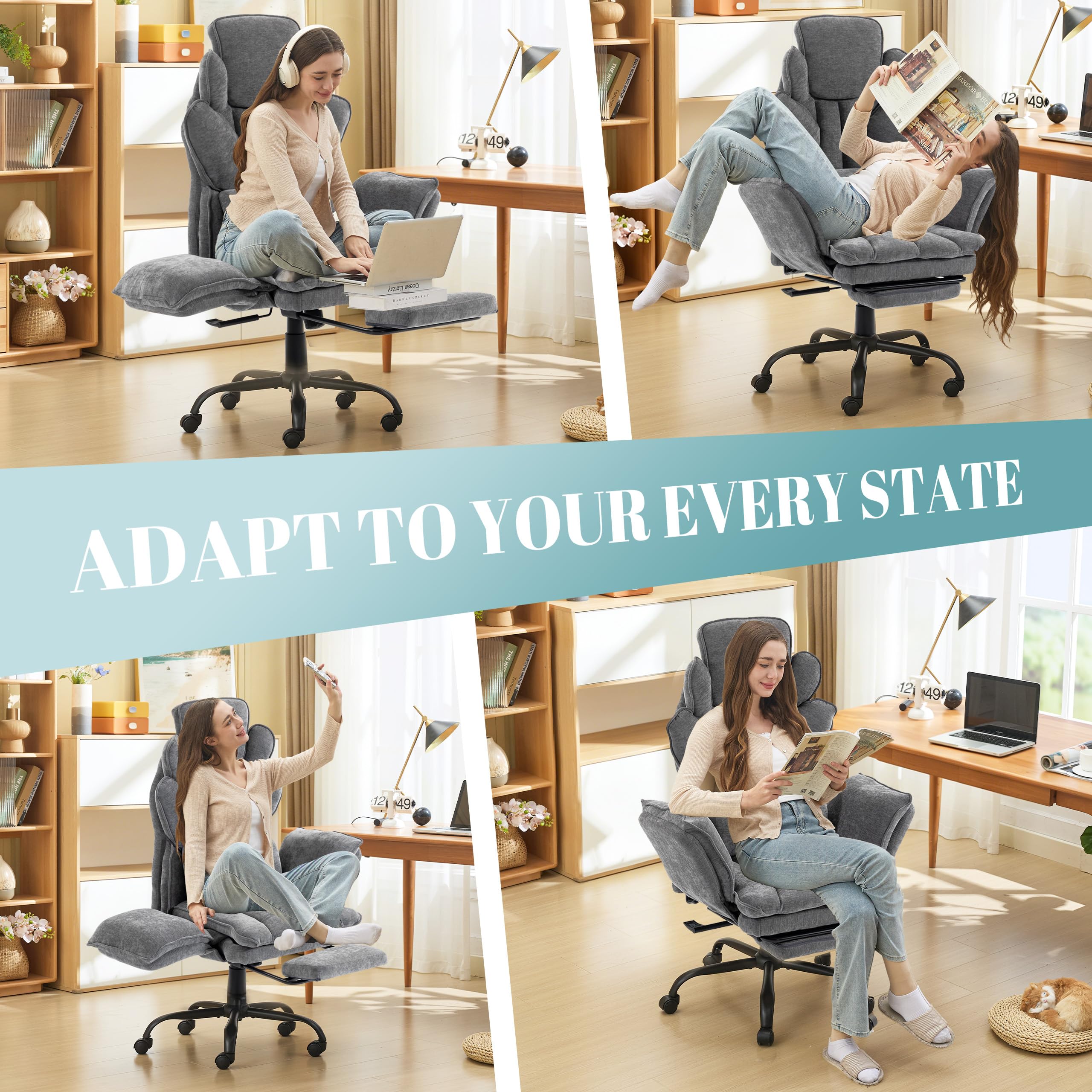 Flip Armrests Criss Cross Office Chair, Reclining Office Chair with Foot Rest, Adjustable Headrest, Massage Waist Pillow, Cross Legged Big and Tall Desk Chair Wide Seat Vanity Chair, Fabric Grey
