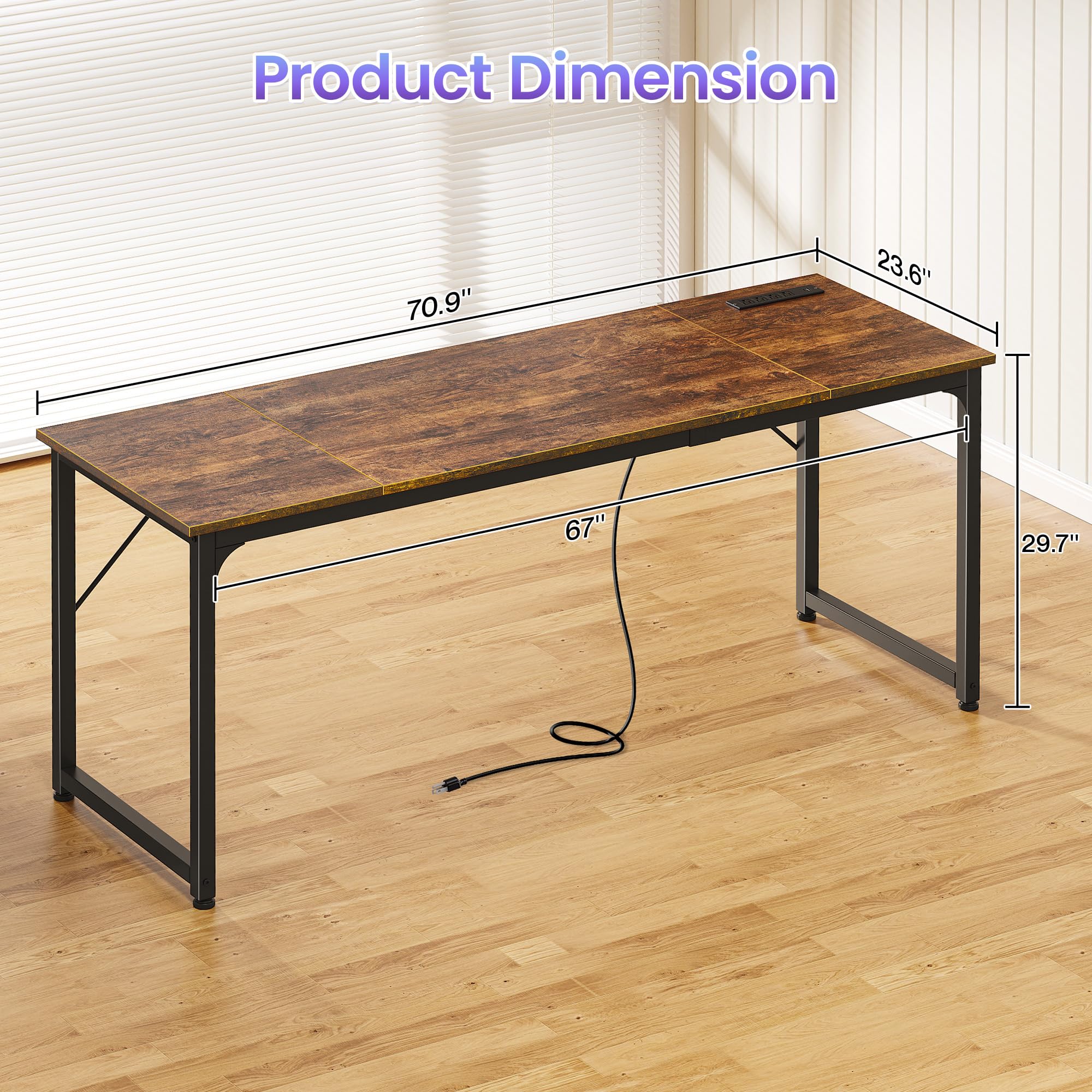 70 X 24 Inch Office Computer Desk with Power Outlets and USB-C Port, Larger and Longer Gaming Desk, for Home Office, Study, Writing Work from Home Table, Metal Frame, Rustic Brown