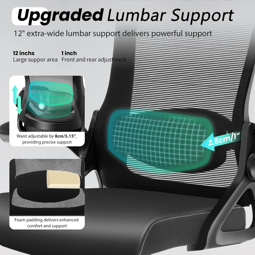 Office Chair, Ergonomic Office Chair with Adjustable Headrest Lumbar Support Computer Chair, Desk Chair Comfy with Flip-up Armrests, Gaming Chairs for Adults Home Office (Leather, Black)