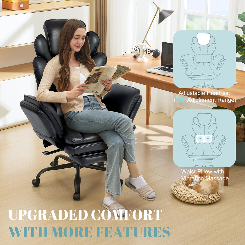 Flip Armrests Criss Cross Office Chair, Reclining Office Chair with Foot Rest, Adjustable Headrest, Massage Waist Pillow, Cross Legged Big and Tall Desk Chair Wide Seat Vanity Chair, PU Leather Black