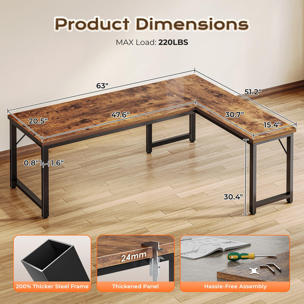 63 Inch L Shaped Desk with 0.95 Inch Thicker Desktop, Reversible Computer Desk, Larger Corner Office Gaming Desk, Robust Metal Frame, for Home Office, Rustic Brown
