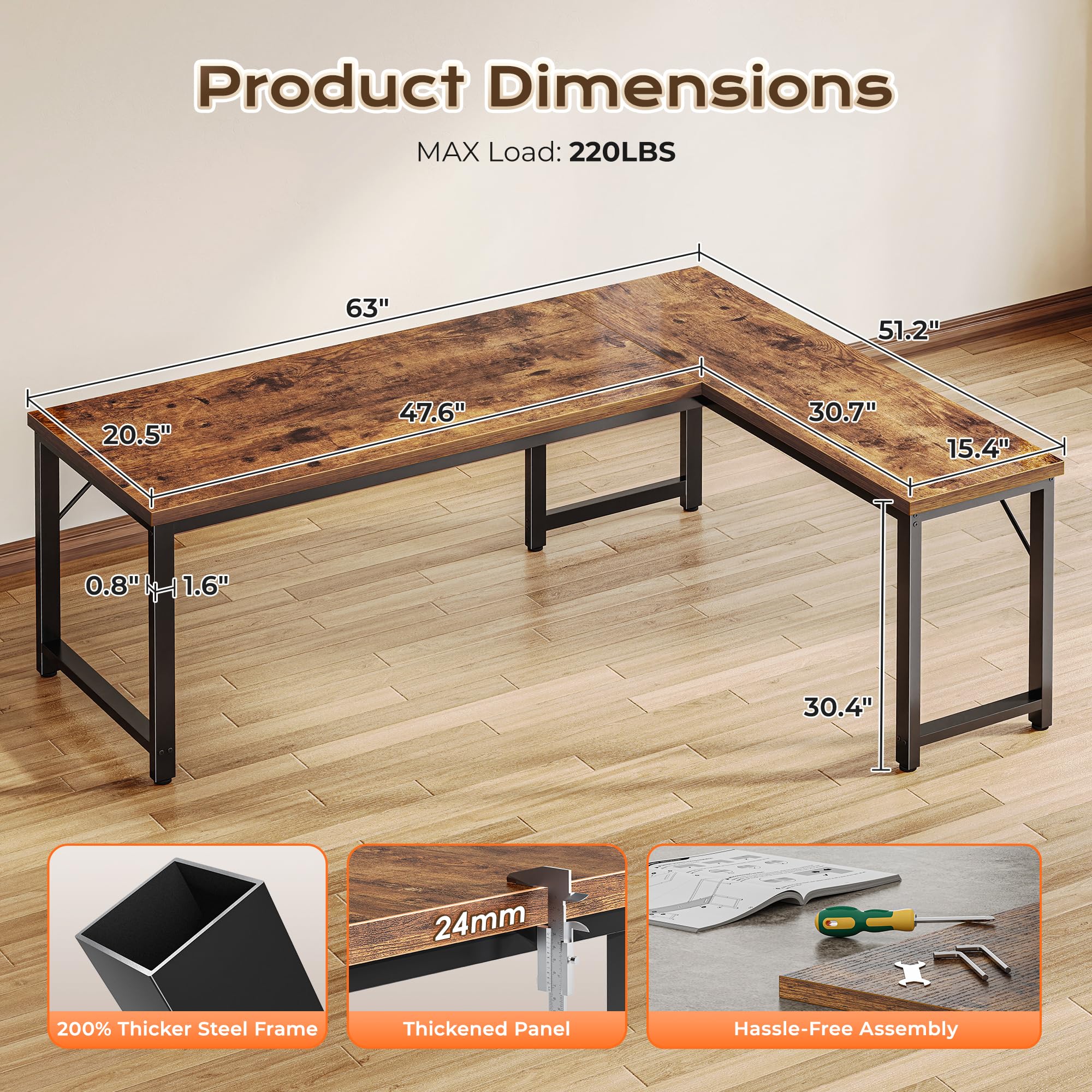 63 Inch L Shaped Desk with 0.95 Inch Thicker Desktop, Reversible Computer Desk, Larger Corner Office Gaming Desk, Robust Metal Frame, for Home Office, Rustic Brown