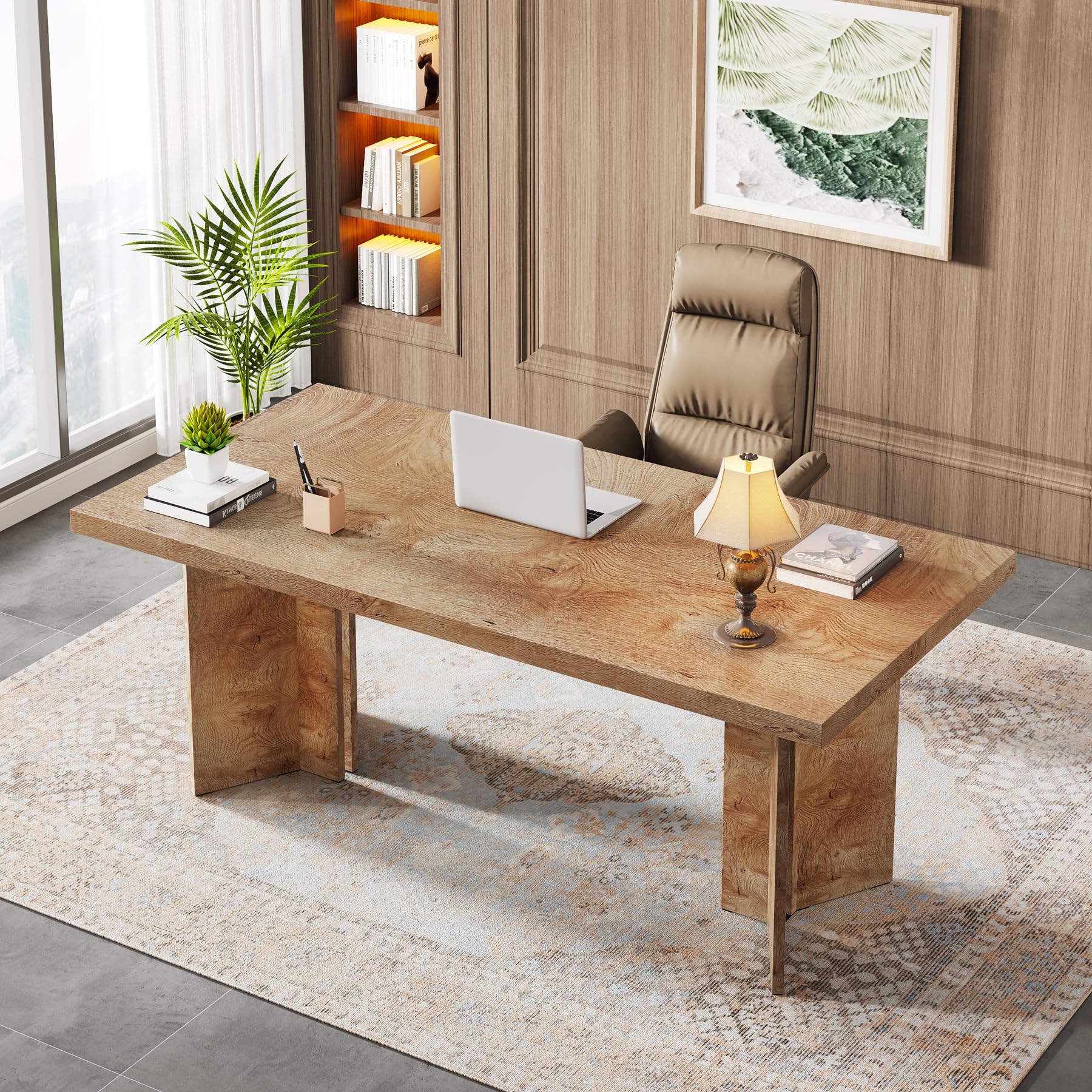 10.5FT Conference Table, Large Rectangle Meeting Seminar Table for 10-12 Person, Long Wooden Business Tables (Set of 2, Light Oak Brown)