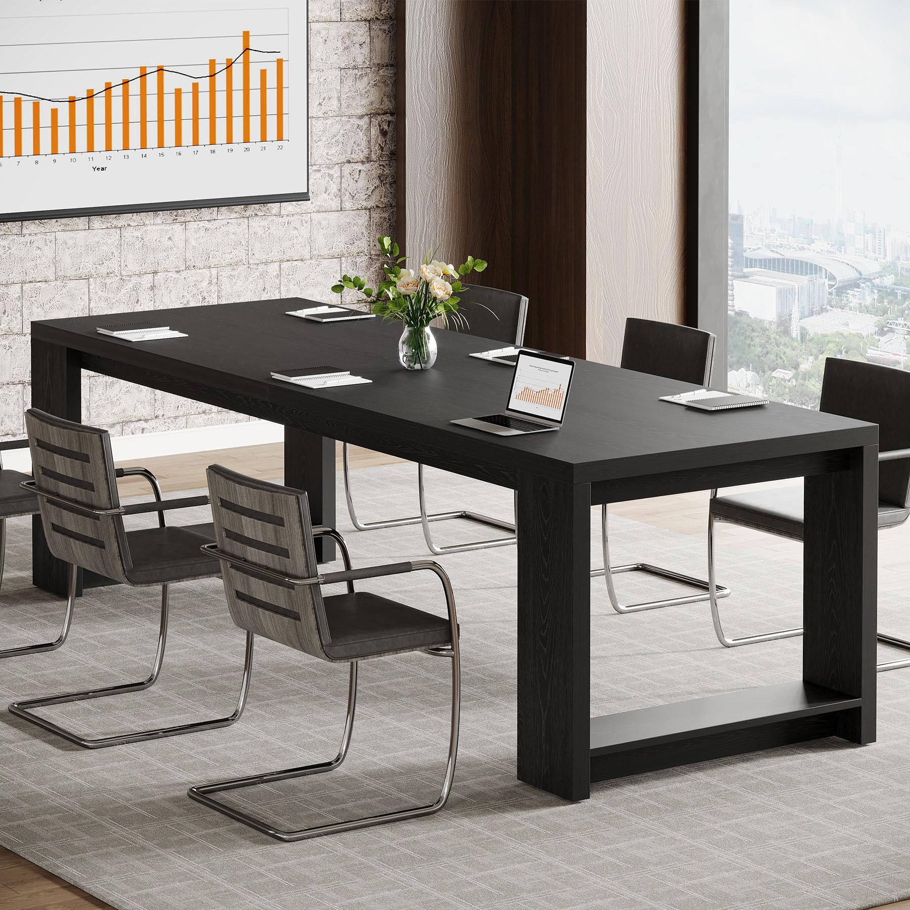 7 ft Conference Table for 6 to 8 People, Modern Rectangle Meeting Room Desk for Boardroom, Home Office (Black)