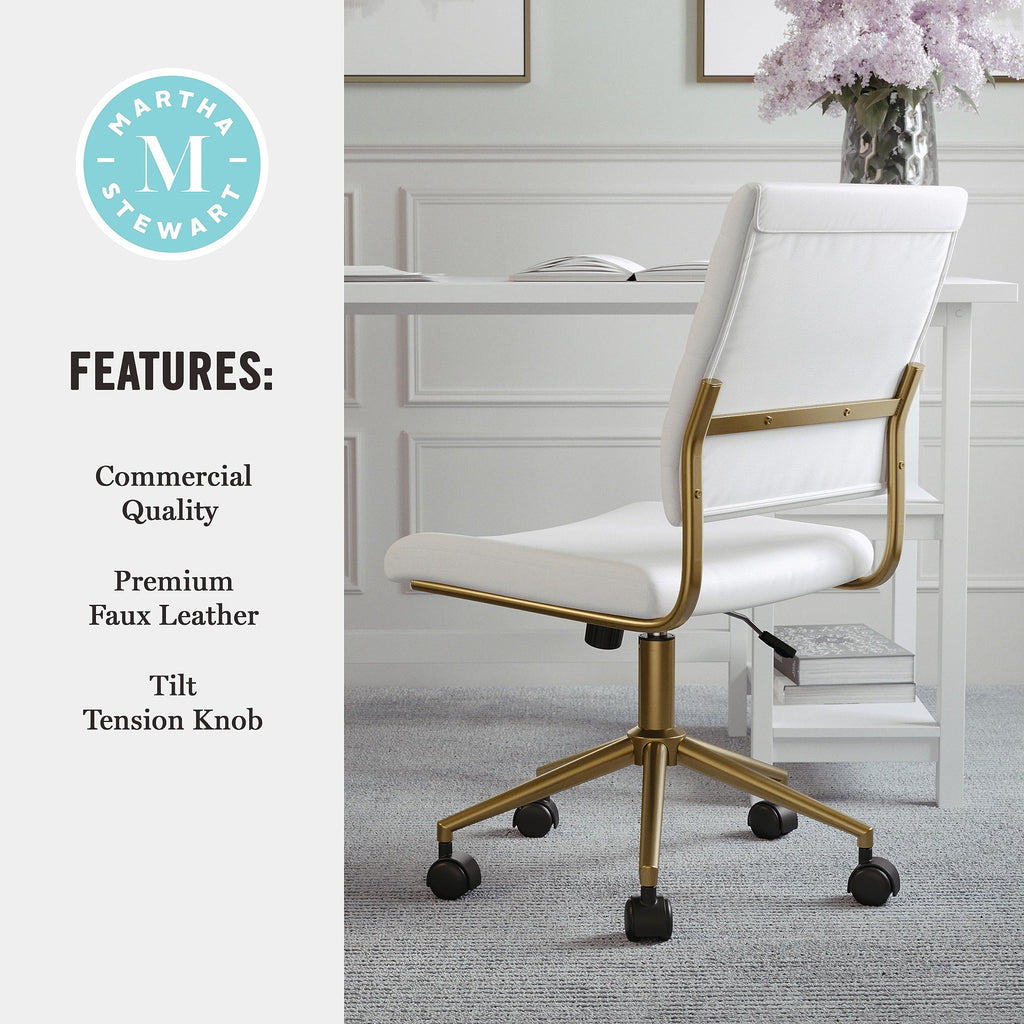 Armless Swivel Task Chair for Home Office in White Faux Leather with Polished Brass Frame
