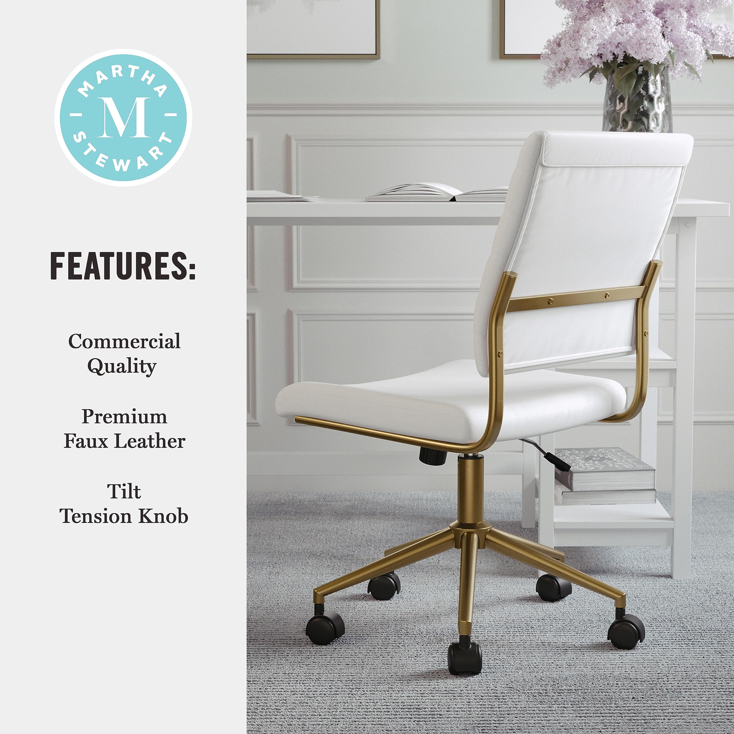 Armless Swivel Task Chair for Home Office in White Faux Leather with Polished Brass Frame