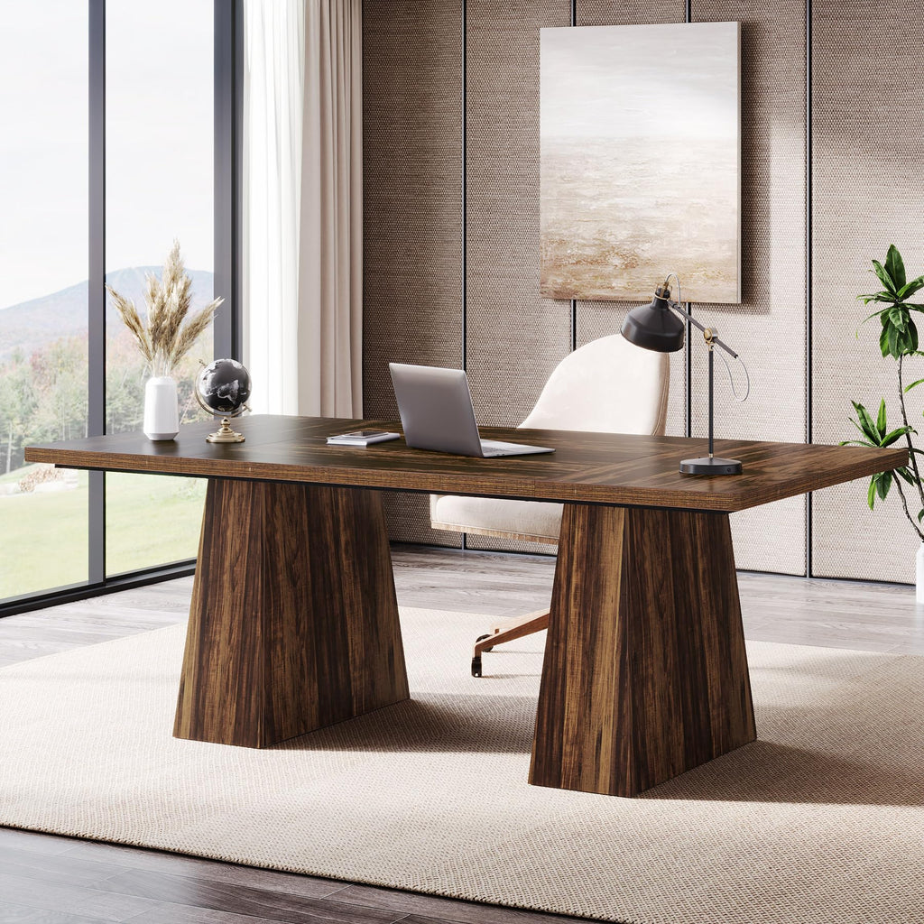 63-Inch Executive Desk, Large Office Computer Desk with Double Pedestal, Modern Simple Workstations Writing Table Conference Table Business Furniture for Home Office, Rustic Brown