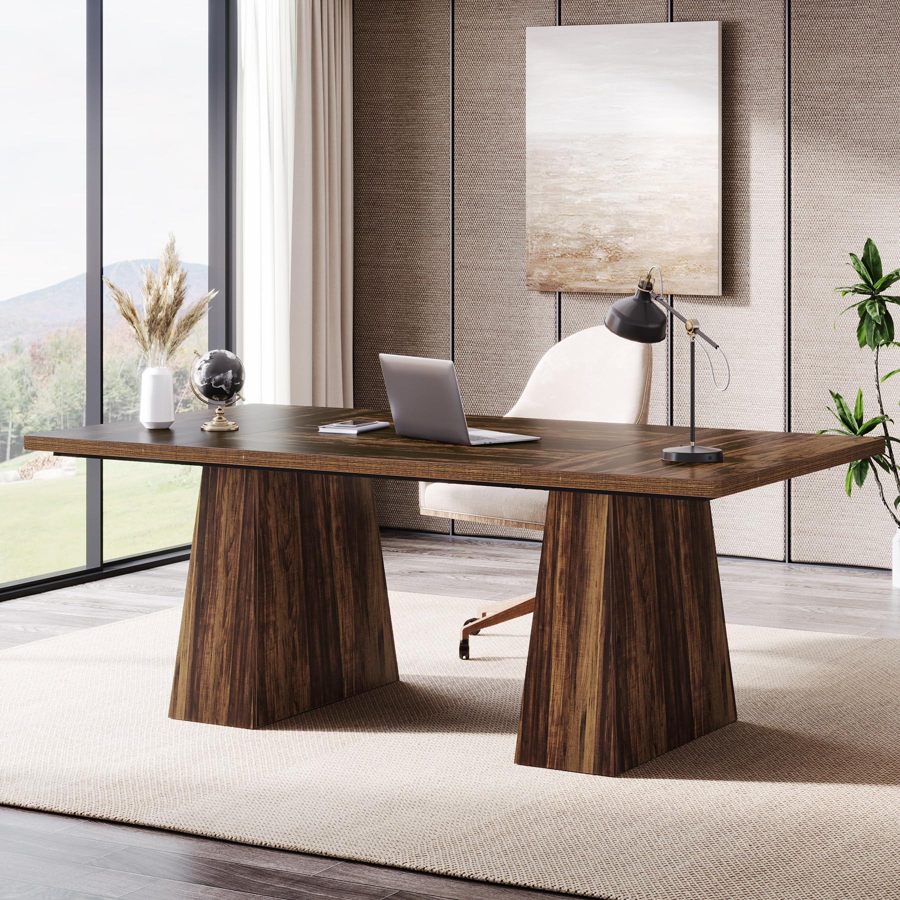 63-Inch Executive Desk, Large Office Computer Desk with Double Pedestal, Modern Simple Workstations Writing Table Conference Table Business Furniture for Home Office, Rustic Brown