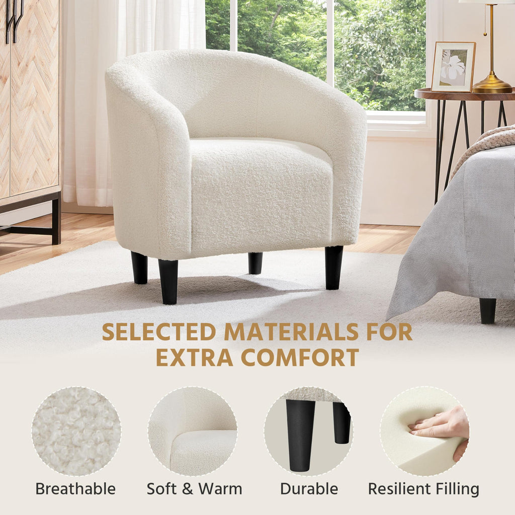 Accent Barrel Chair, Boucle Fabric Club Chair, Furry Sherpa Elegant Armchair with Cozy Soft Padded, Suitable for Living Room Bedroom Reception Room Office, Ivory