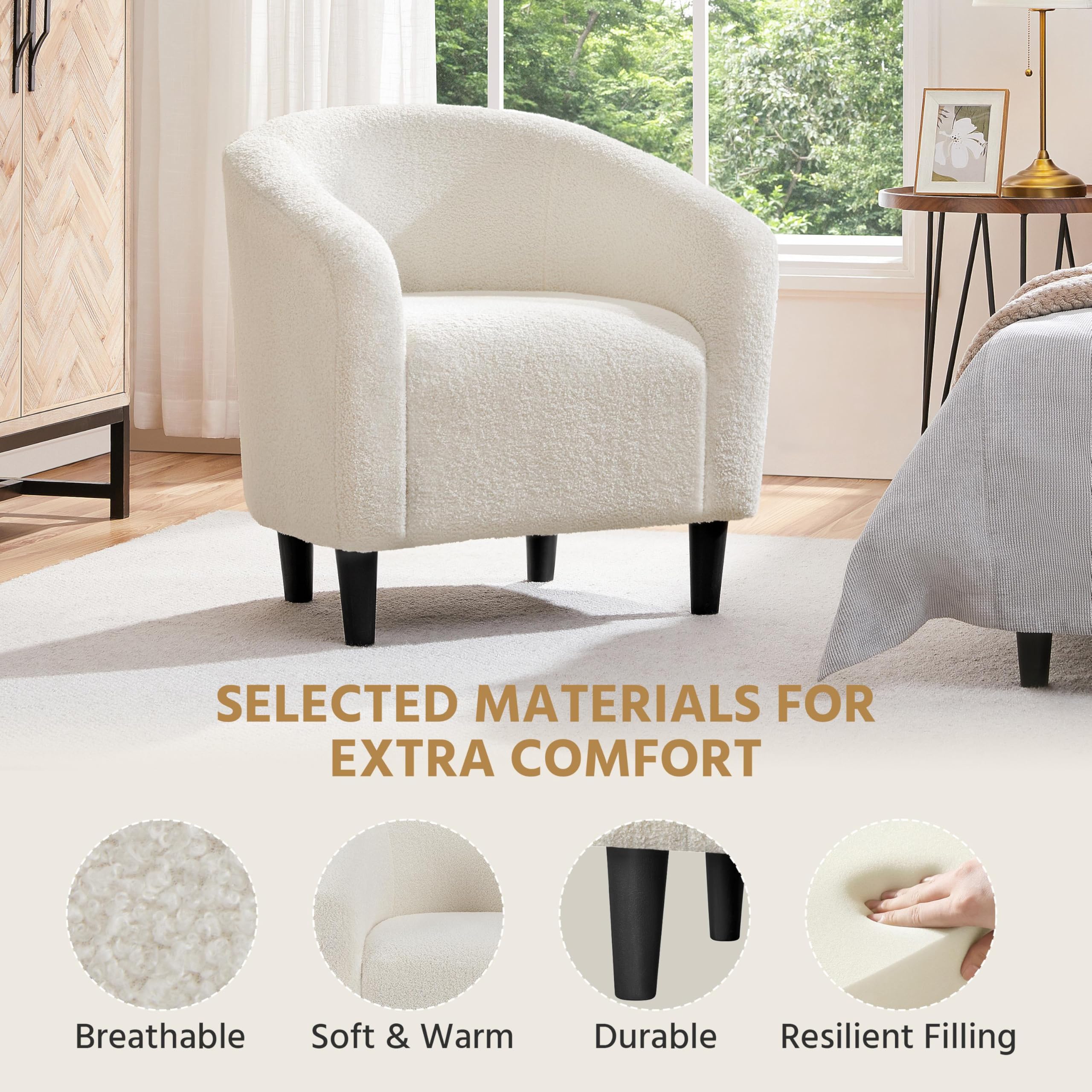 Accent Barrel Chair, Boucle Fabric Club Chair, Furry Sherpa Elegant Armchair with Cozy Soft Padded, Suitable for Living Room Bedroom Reception Room Office, Ivory