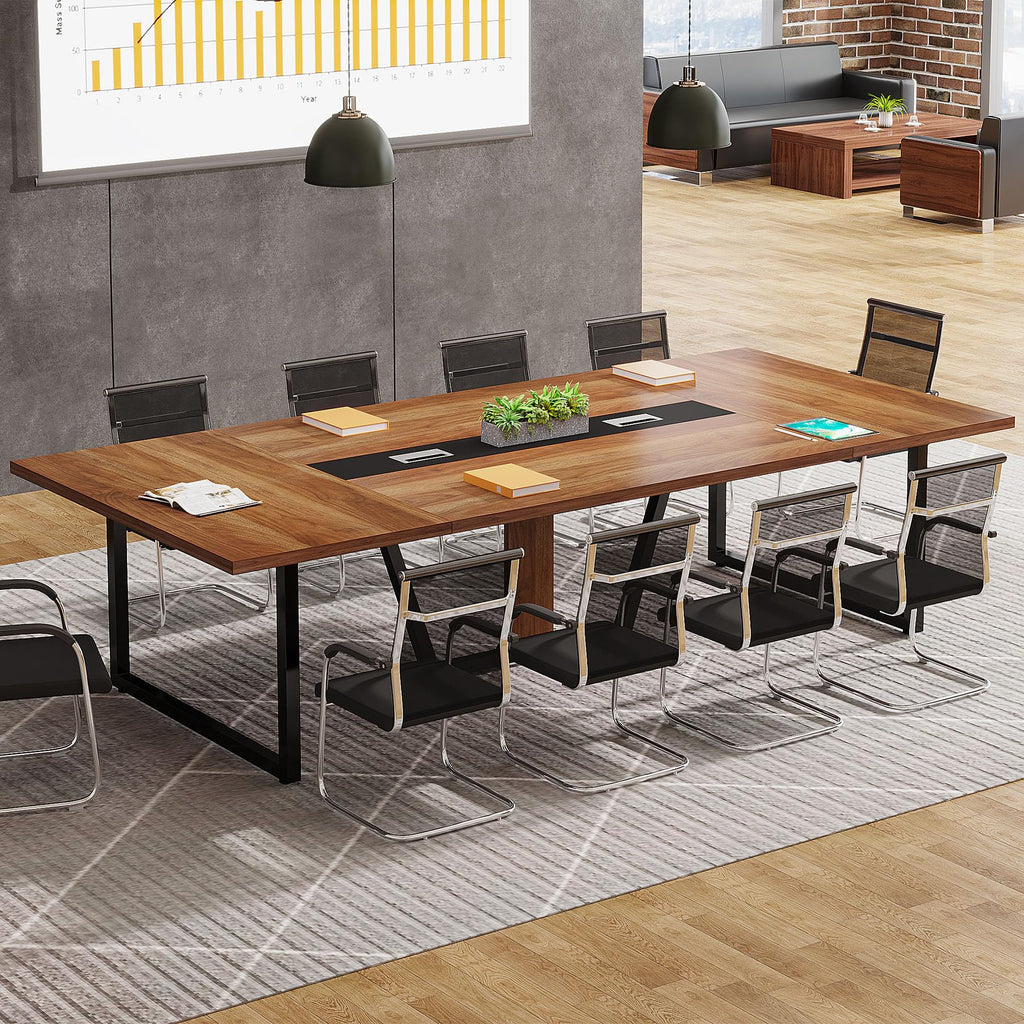 8FT Conference Table, 94.49 L x 47.24 W x 29.53 H Inches Large Meeting Podcast Table for 10 People, Business Style Wooden Training Table with Strong Metal Frame for Office Conference