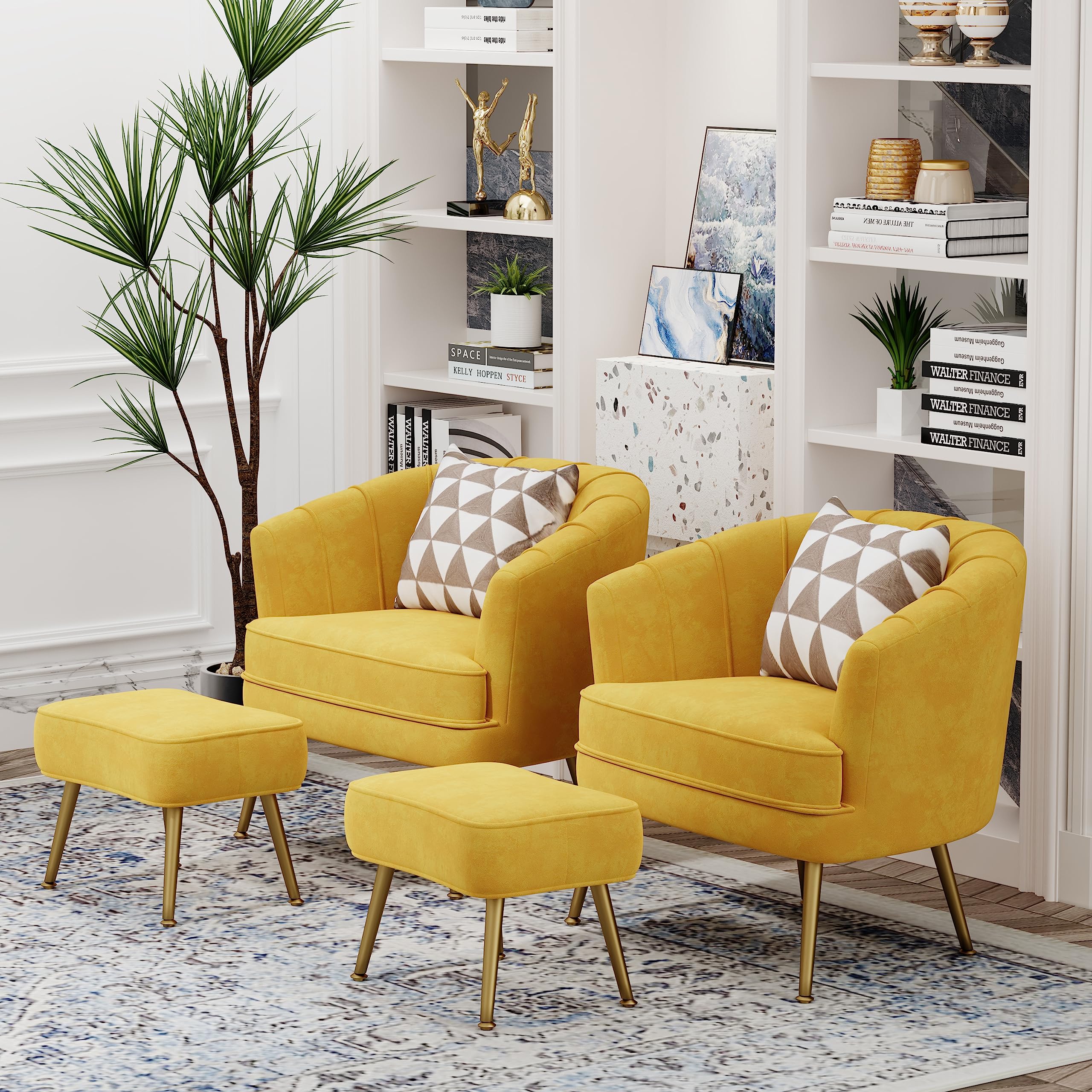 Velvet Accent Chair with Ottoman, Upholstered Modern Single Sofa Side Chair,Comfy Barrel Club Living Room Armchair with Golden Metal Legs for Office Bedroom Living Reading Room, Yellow