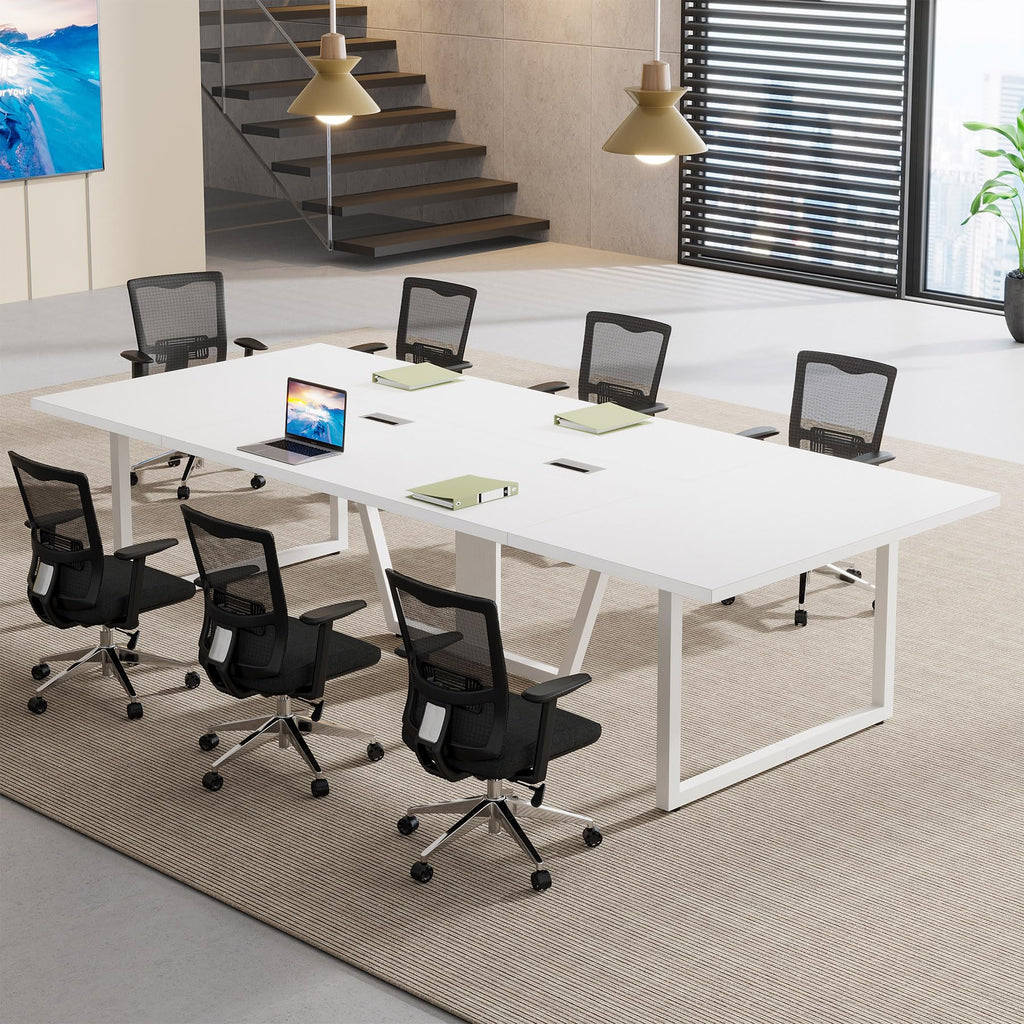 8FT Conference Table, 94.49 L x 47.24 W x 29.53 H Inches Large Meeting Podcast Table for 10 People, Business Style Wooden Training Table with Strong Metal Frame for Office Conference
