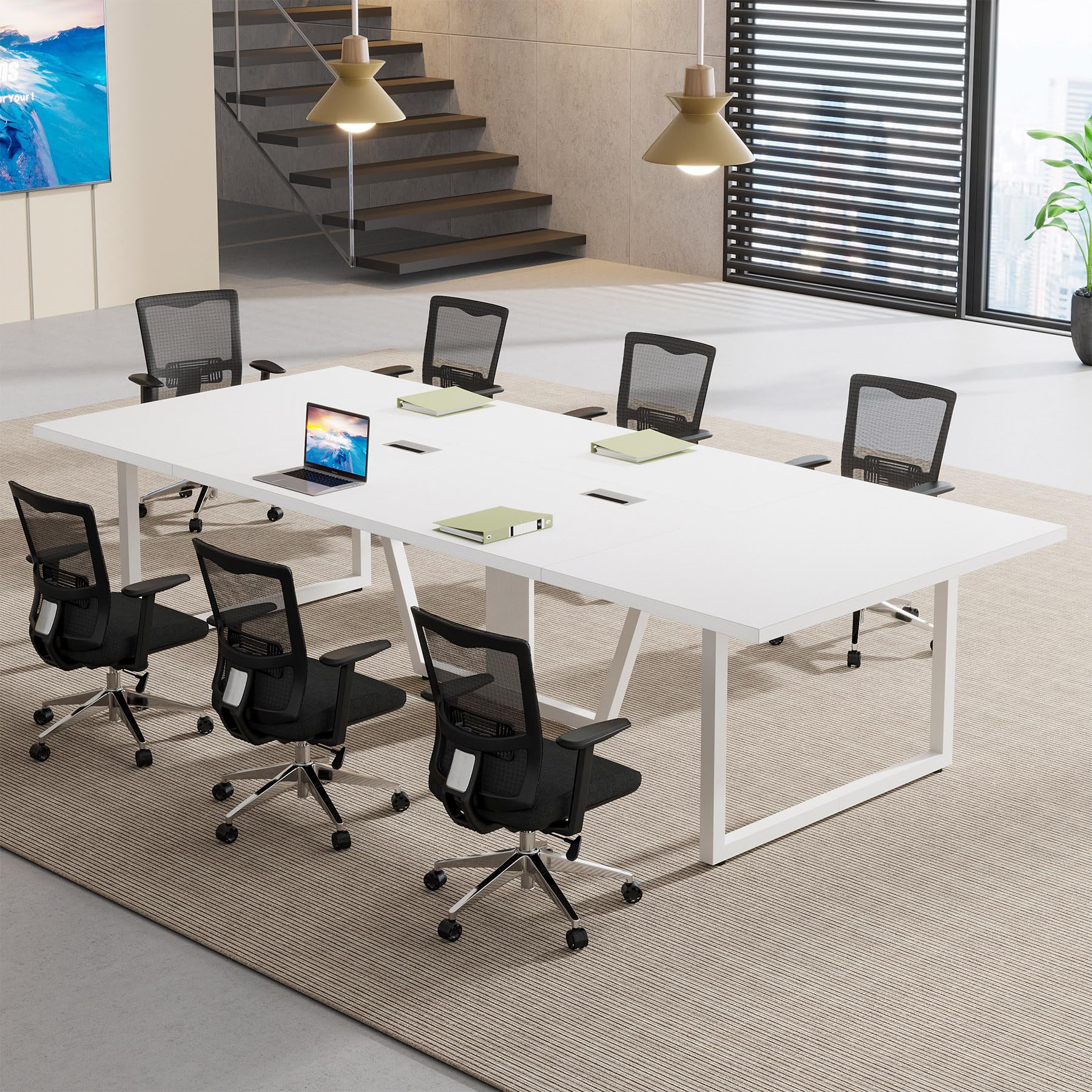 8FT Conference Table, 94.49 L x 47.24 W x 29.53 H Inches Large Meeting Podcast Table for 10 People, Business Style Wooden Training Table with Strong Metal Frame for Office Conference