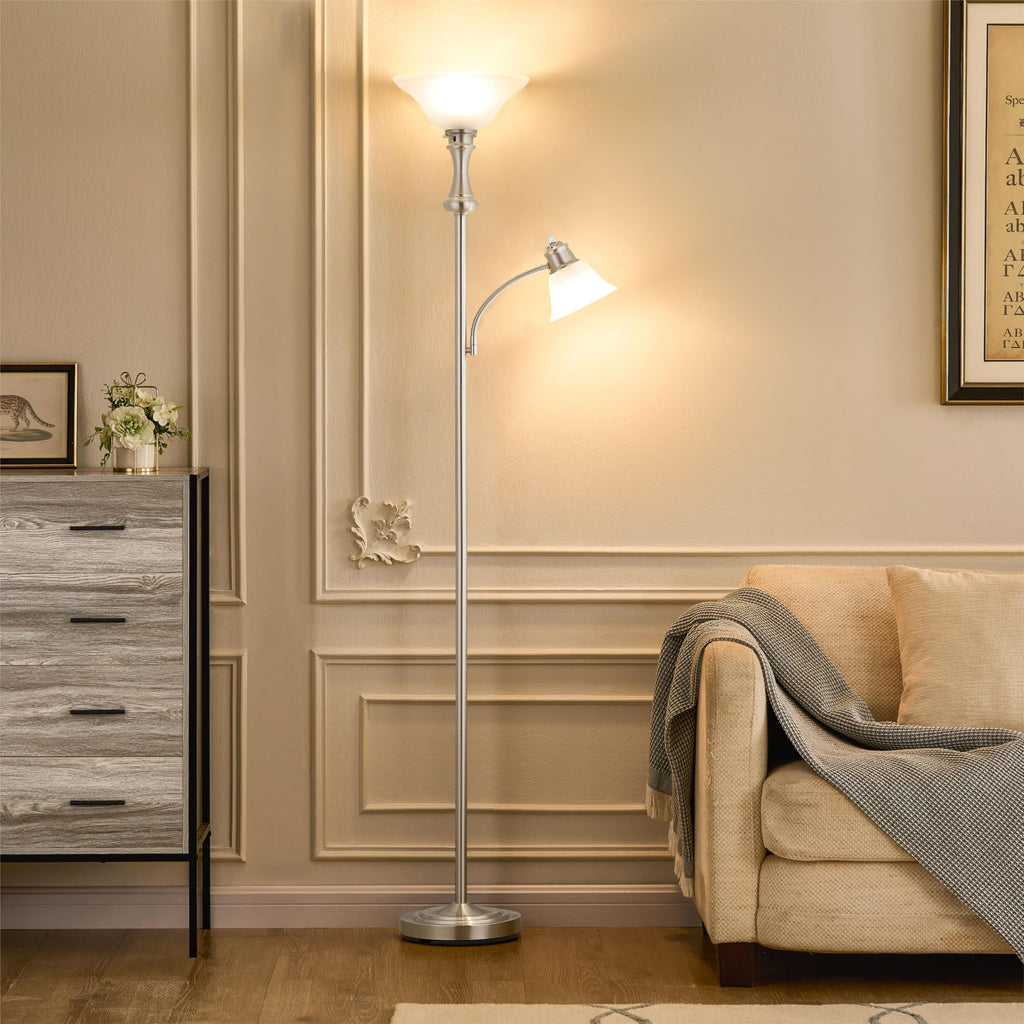 Torchiere Silver Floor Lamp with Adjustable Angle Reading Lamp-71IN