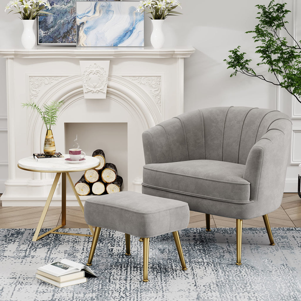 Velvet Accent Chair with Ottoman, Upholstered Modern Single Sofa Side Chair,Comfy Barrel Club Living Room Armchair with Golden Metal Legs for Bedroom Office Living Reading Room , Grey