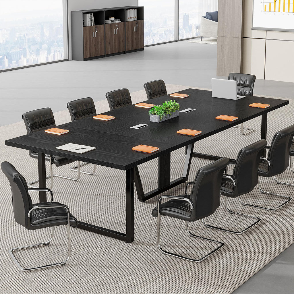 8FT Conference Table, 94.49 L x 47.24 W x 29.53 H Inches Large Meeting Podcast Table for 10 People, Business Style Wooden Training Table with Strong Metal Frame for Office Conference