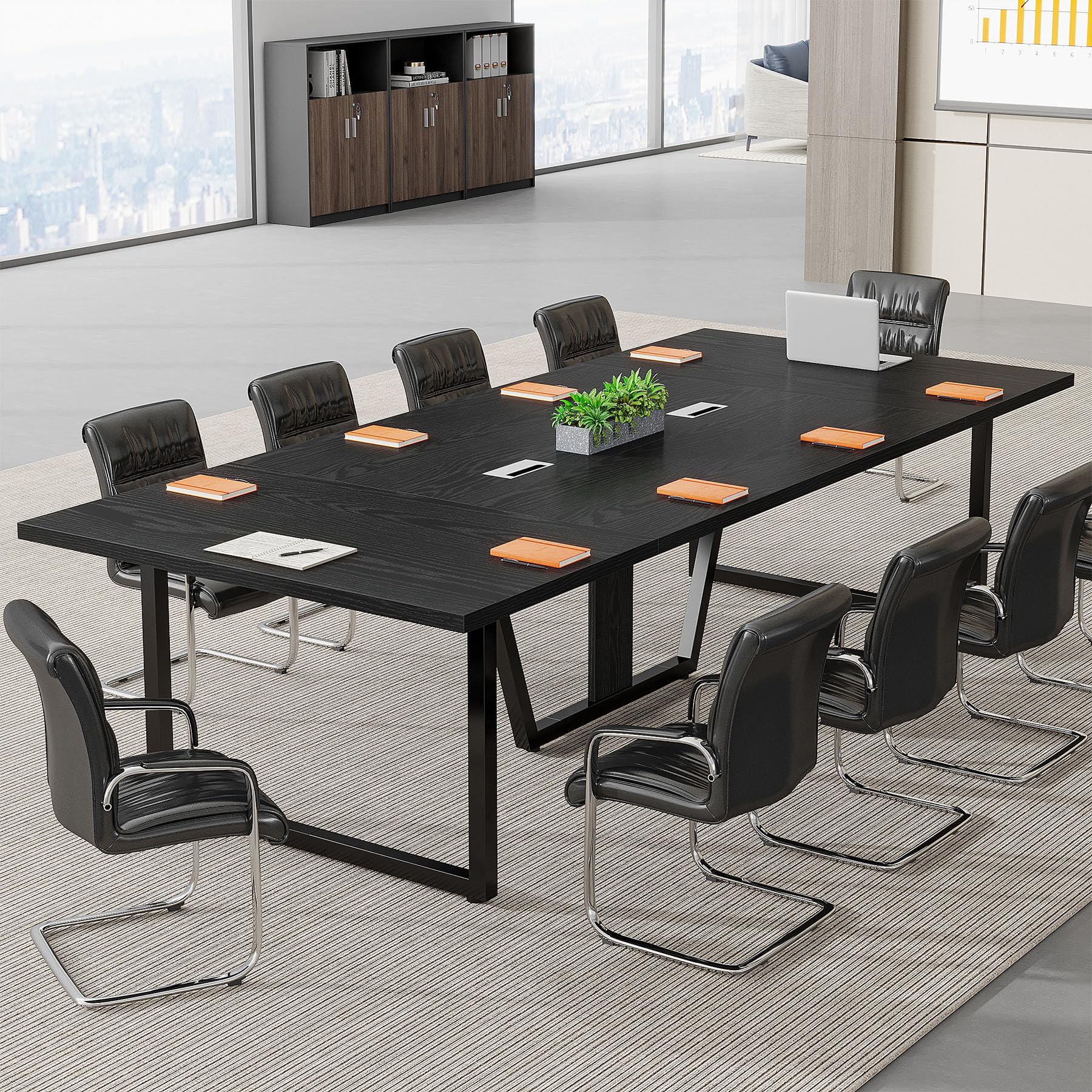 8FT Conference Table, 94.49 L x 47.24 W x 29.53 H Inches Large Meeting Podcast Table for 10 People, Business Style Wooden Training Table with Strong Metal Frame for Office Conference