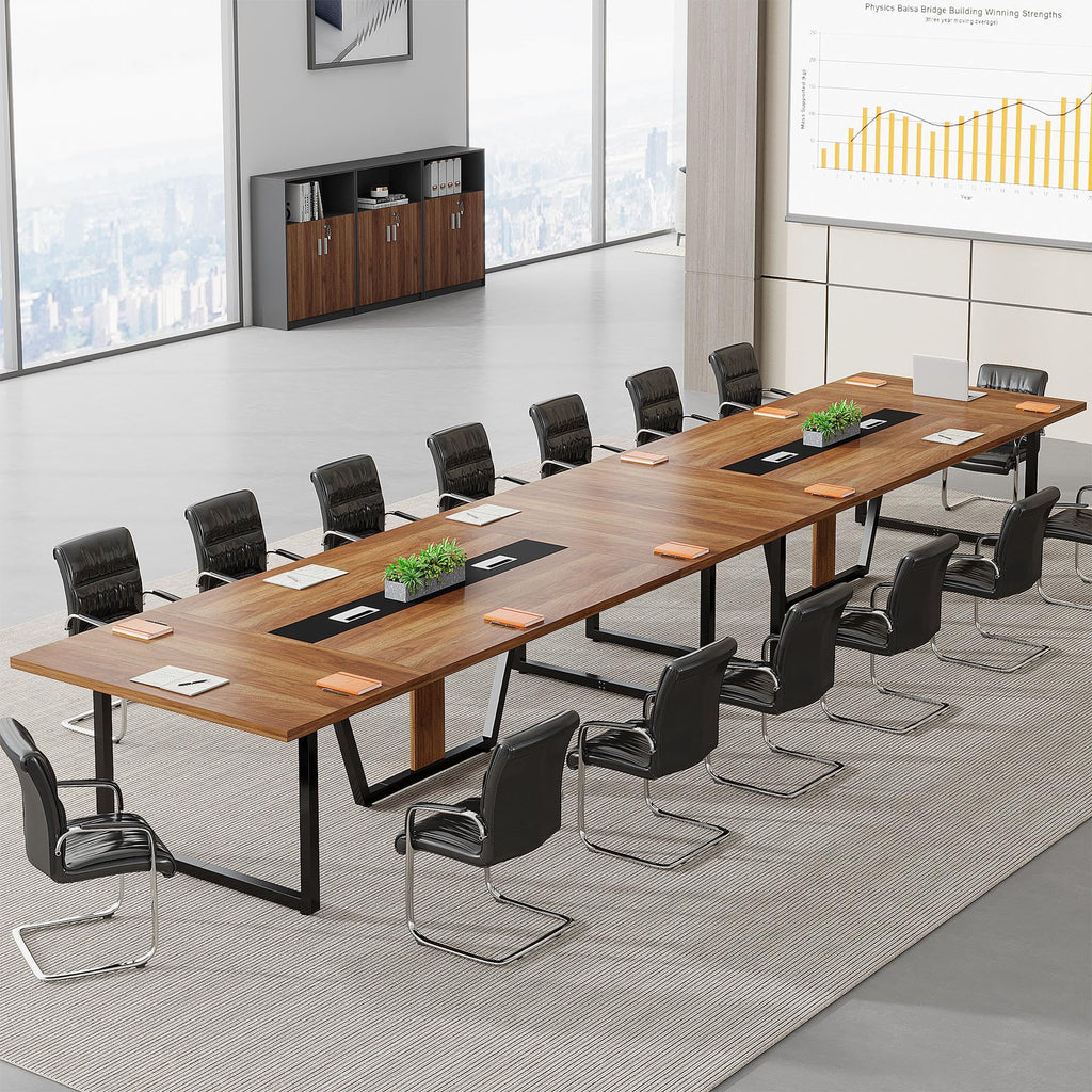 8FT Conference Table Set of 2, Large Meeting Podcast Table for 10 People, Business Style Wooden Training Table with Strong Metal Frame for Office Conference