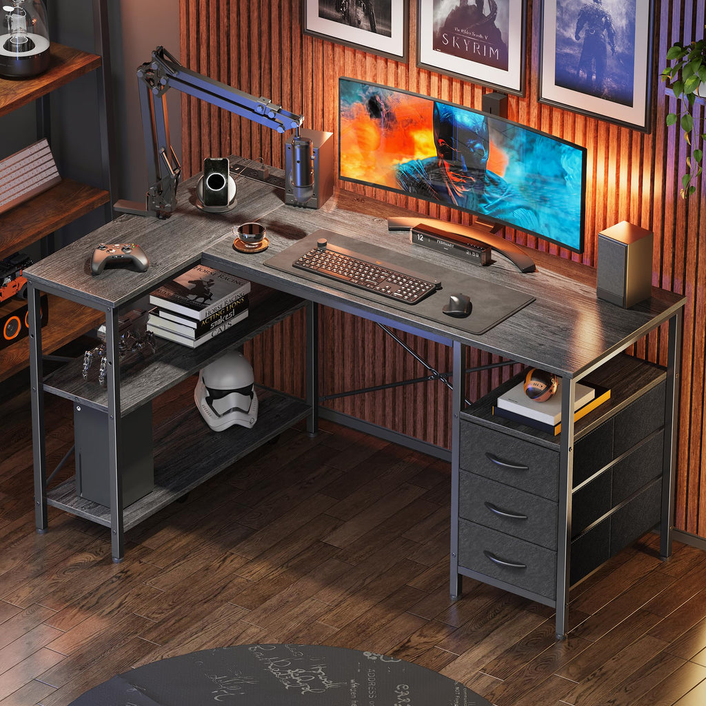 L Shaped Office Desk with Power Outlets, 47 Inch Computer Desk with 3 Drawers, Shelves, for Gaming, Corner Work, Home Office, Study, Grey