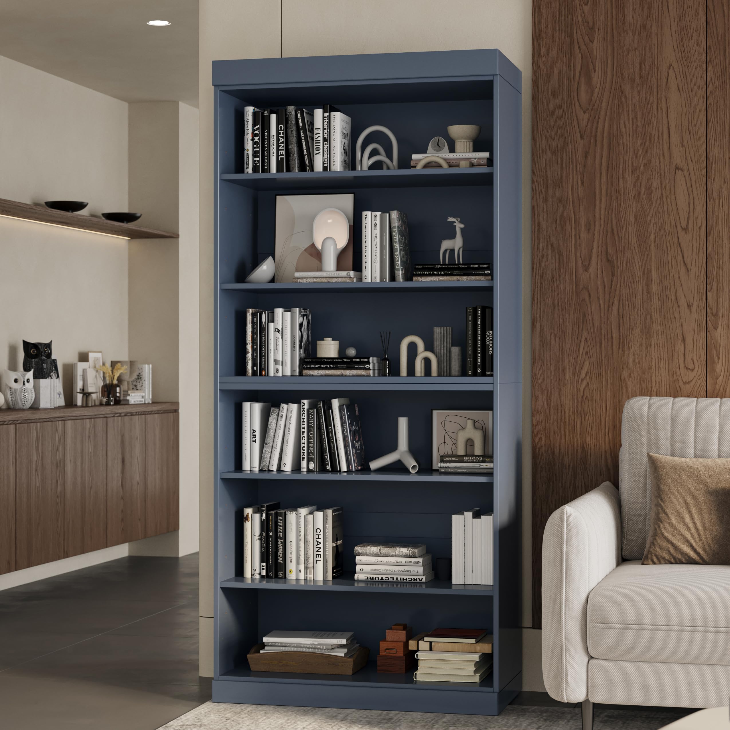 Solid Wood Bookcase - 6-Tier Bookshelf, 71.5" Tall, 32” W - Antique Blue, Stackable Modular, Open Storage Display for Living Room, Office, 100% Eco-Friendly Solid Wood, Made in Brazil
