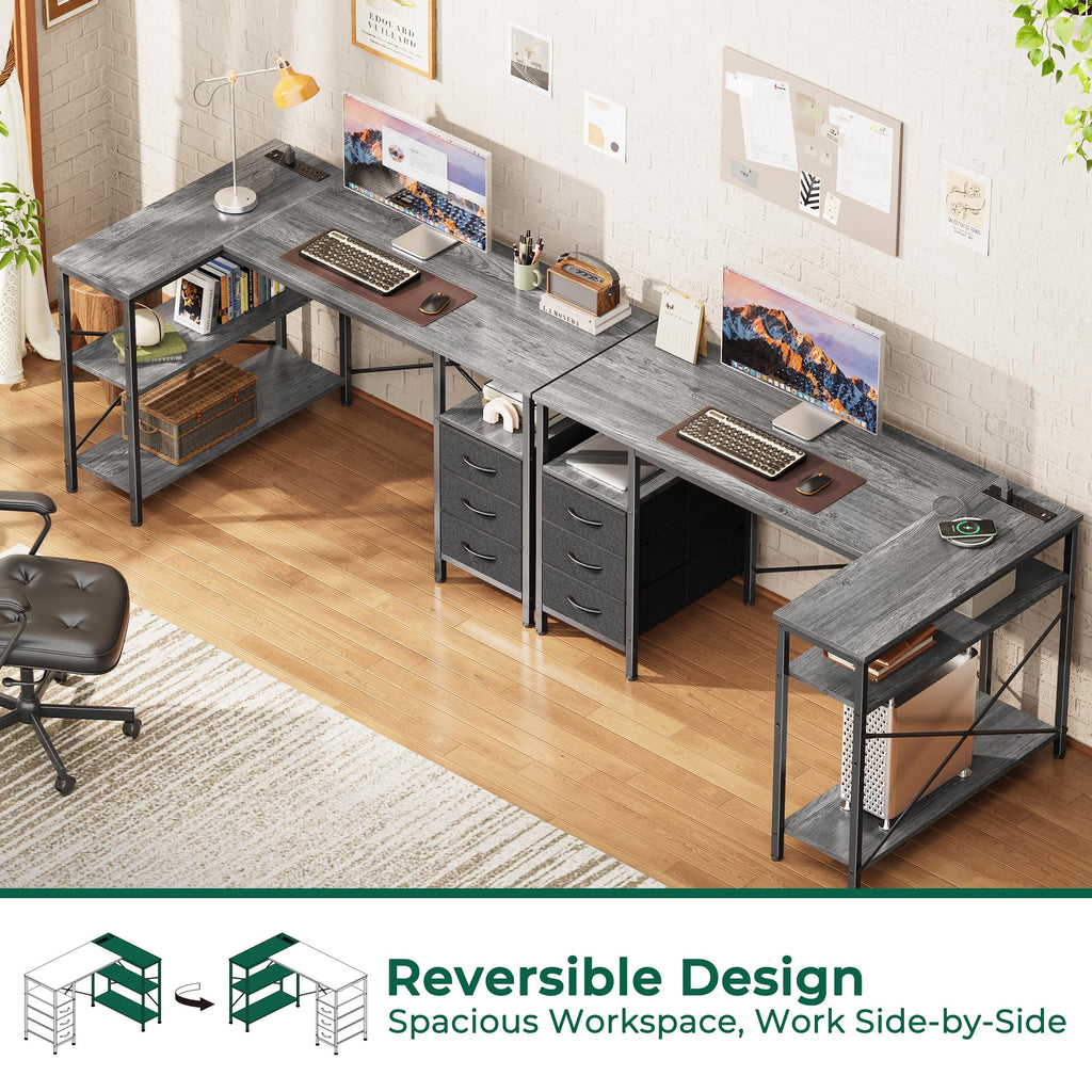 L Shaped Office Desk with Power Outlets, 47 Inch Computer Desk with 3 Drawers, Shelves, for Gaming, Corner Work, Home Office, Study, Grey