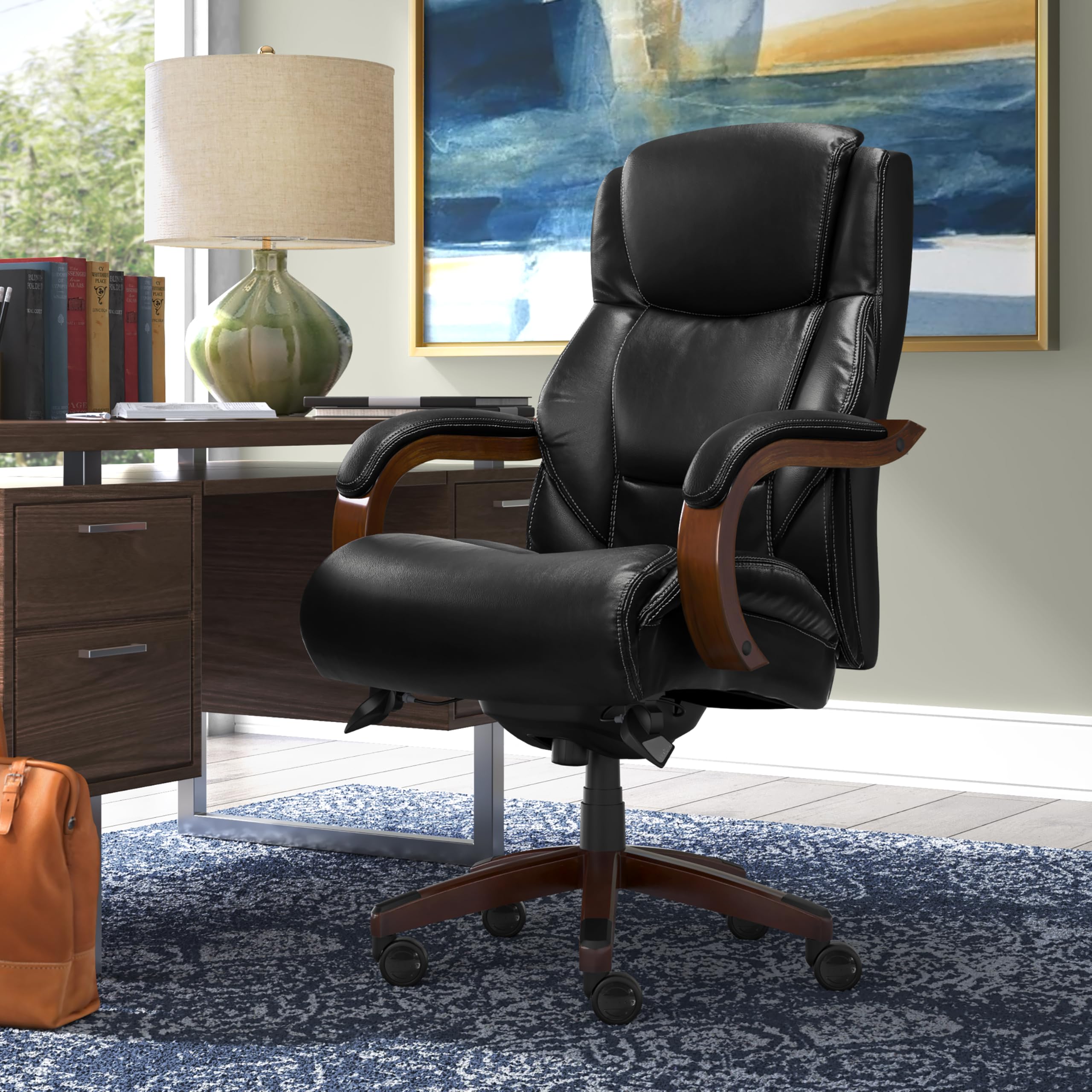 Delano Big and Tall Executive Office Chair - Ergonomic Lumbar Support Memory Foam - Bonded Leather Desk Chair for Home Office - Mahogany Wood Arms - Black