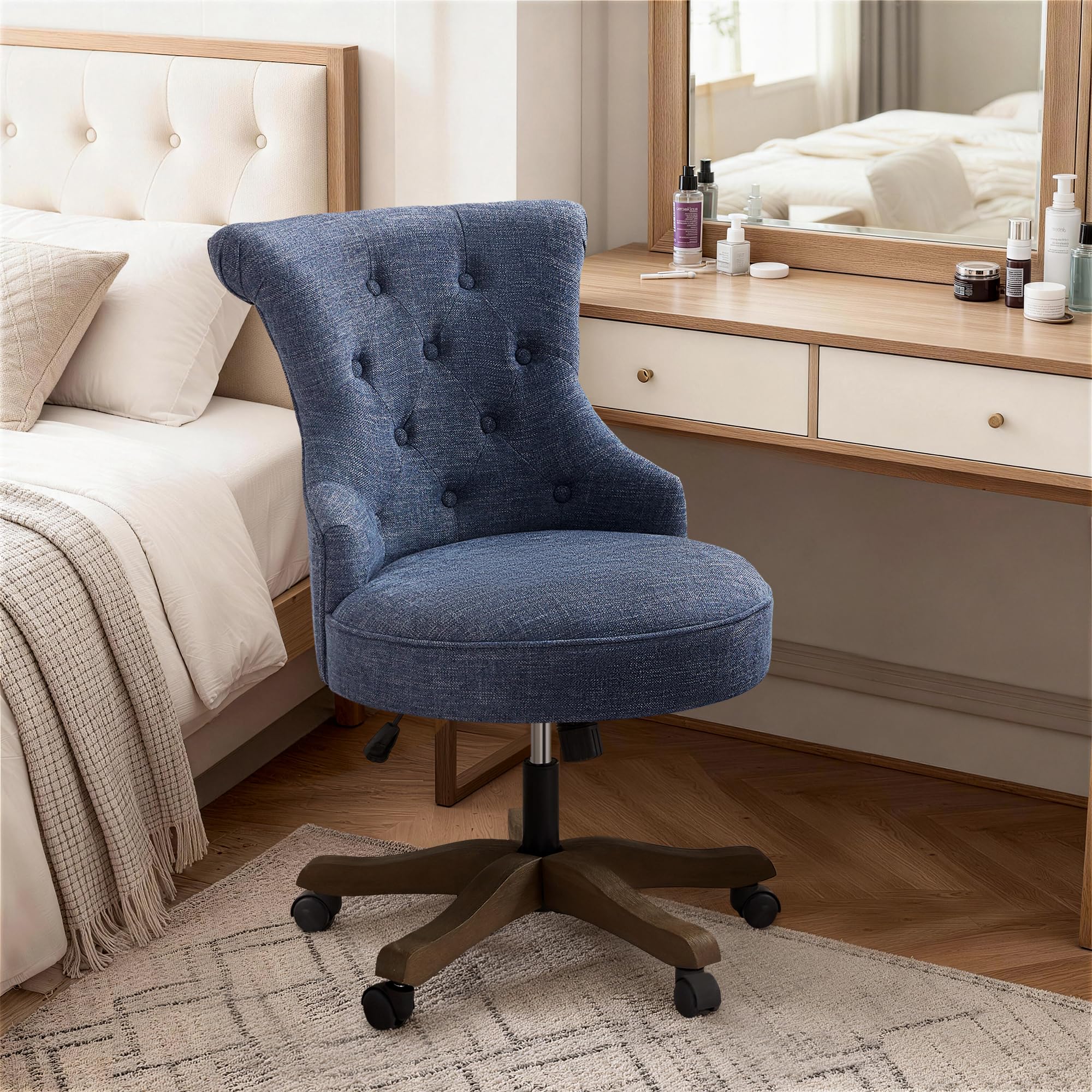 Home Office Chair Upholstered Armless Desk Chair with Wheels Adjustable Height Computer Desk Chair with Wooden Legs Linen Comfortable Swivel for Farmhouse Study Studio (Blue)