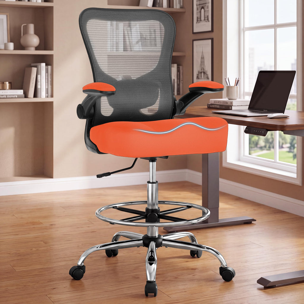 500LBS Ergonomic Drafting Chair Tall Office Chair for Counter Height or Standing Desk, Executive High Office Chairs with W-Shaped Thick Seat Cushion, Footrest Ring & Breathable Mesh, Orange