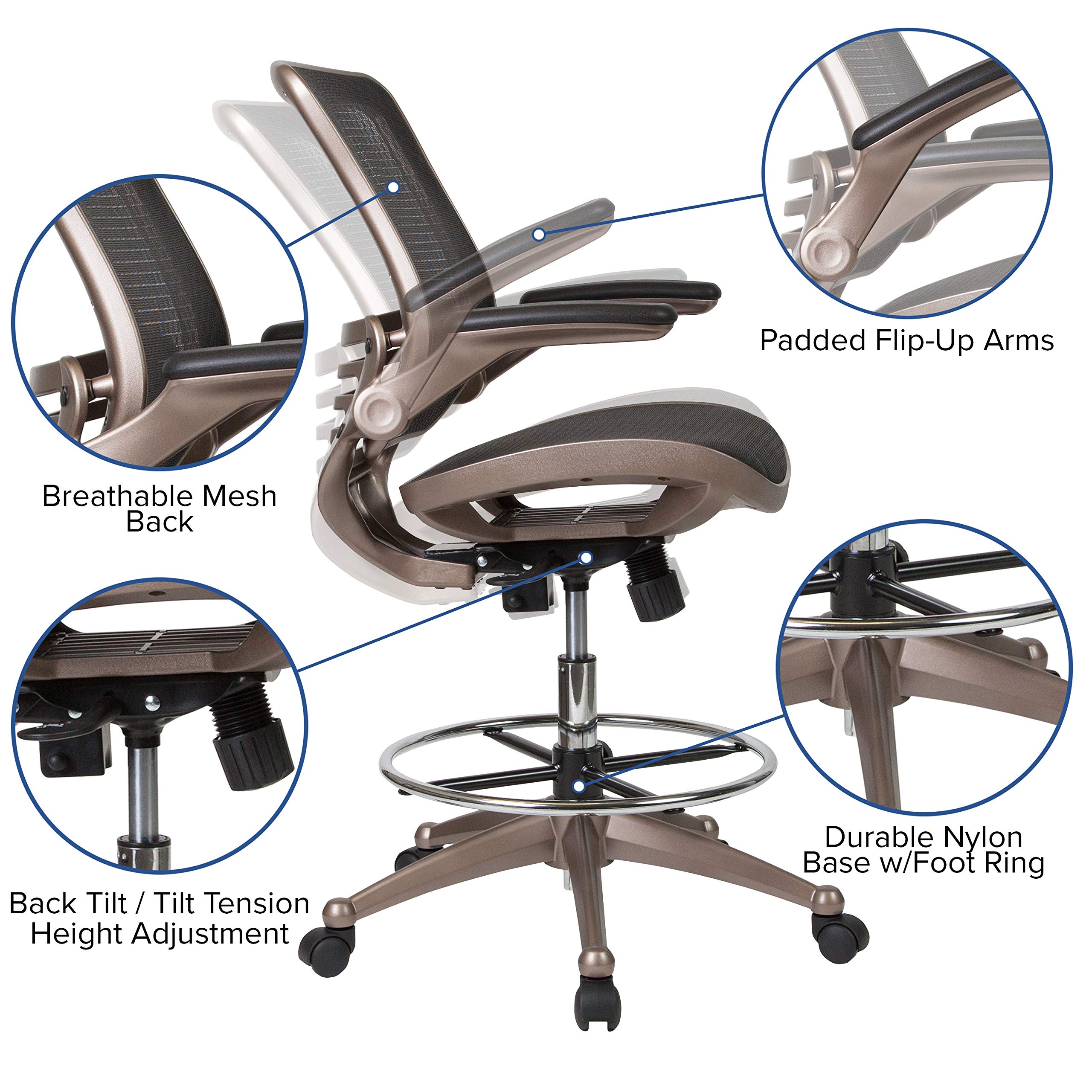 Mid-Back Swivel Office Chair with Adjustable Foot Ring and Seat Height, Ergonomic Mesh Chair with Armrests, Black/Gold
