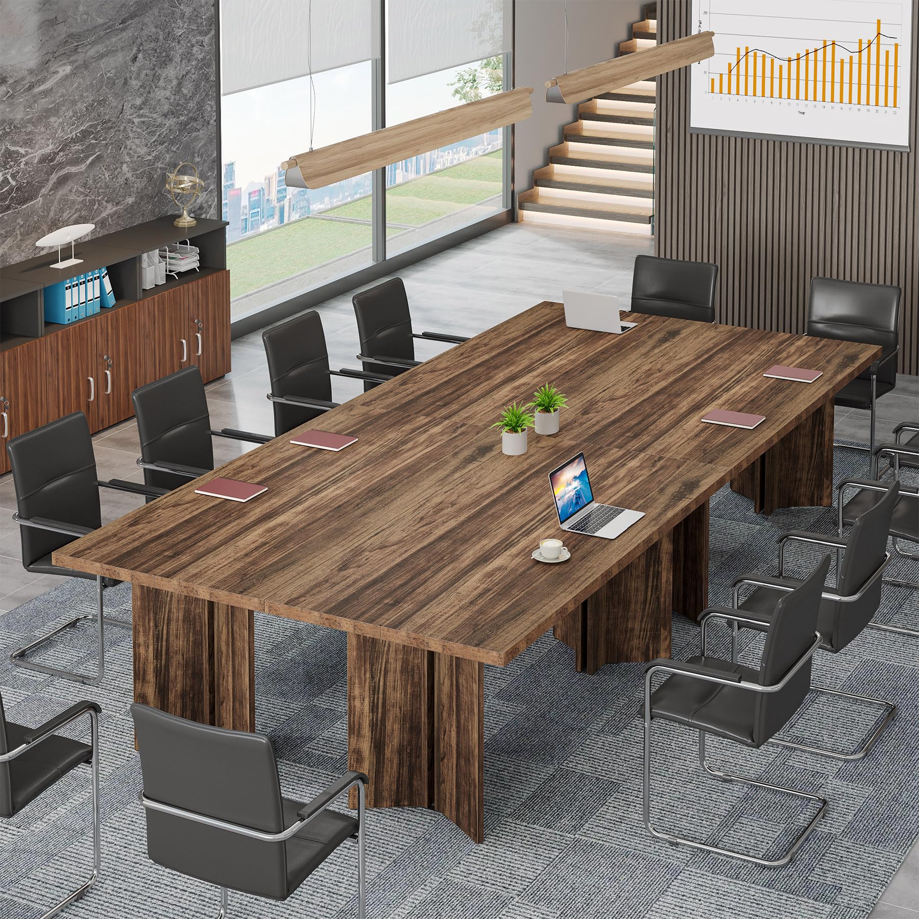 5.5FT Conference Table, 63-inch Rectangle Meeting Seminar Table, Large Wooden Business Tables for 4-6 People, Heavy Duty Pedestal (Dark Brown)