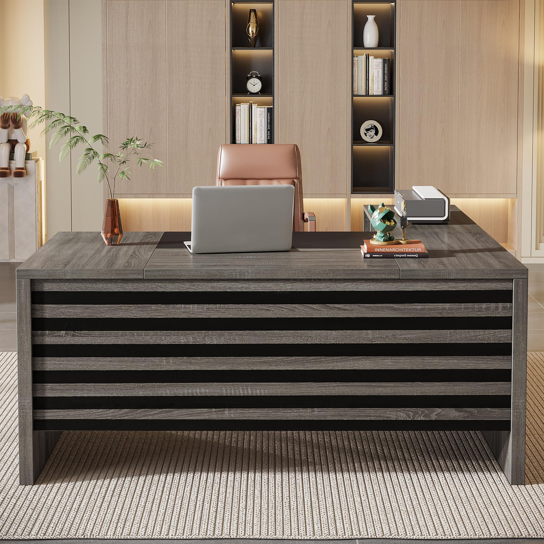 62.2" Executive Desk with Mobile File Cabinet, L-Shaped Office Desk with Storage Shelves, Large Computer Table Business Workstation Set for Home Office, Grey