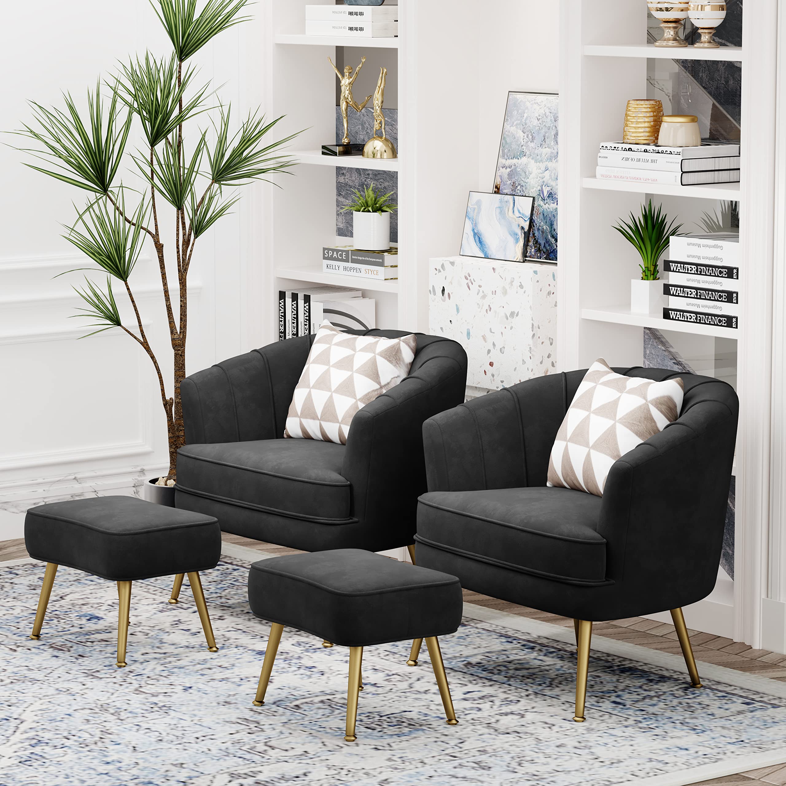Velvet Accent Chair with Ottoman, Upholstered Modern Single Sofa Side Chair,Comfy Barrel Club Living Room Armchair with Golden Metal Legs for Office Bedroom Living Reading Room , Black