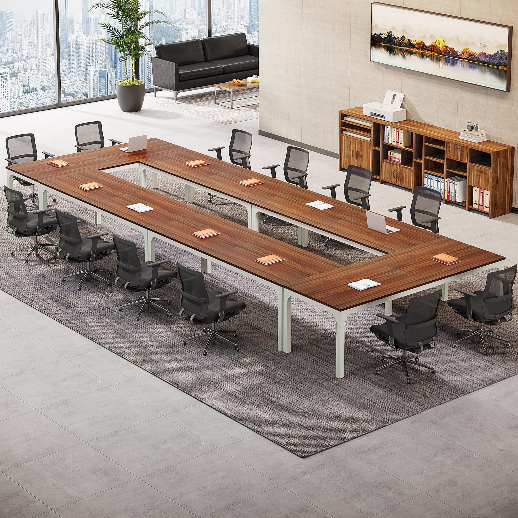 6.5 FT Conference Room Table, 78.74" W x 27.56" D Large Office Conference Table, Modern Seminar Meeting Table Desk for Boardroom, Meeting Room (4, Brown and White)
