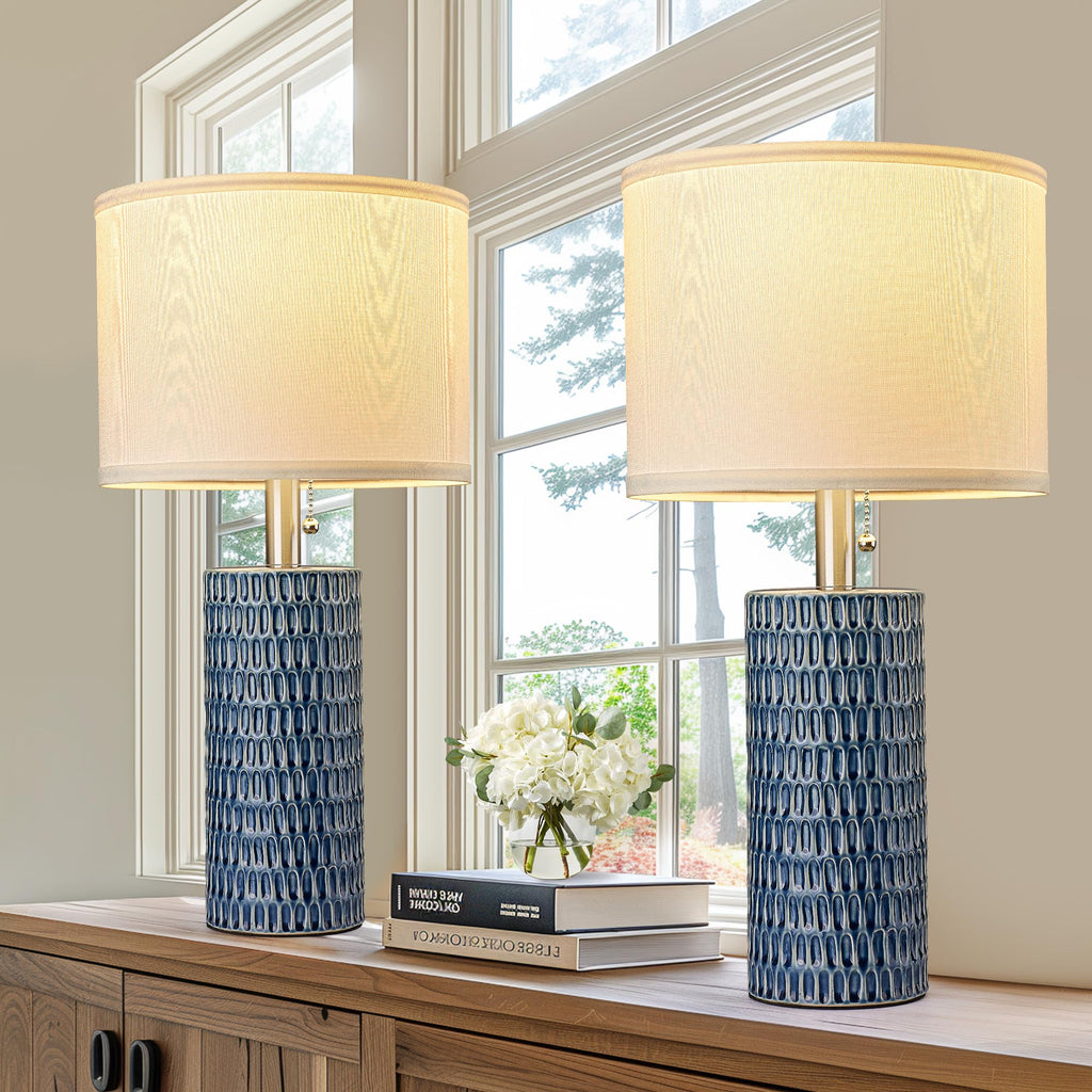 Modern Ceramic Table Lamps Set of 2, Lamps for Bedroom, Dark Blue