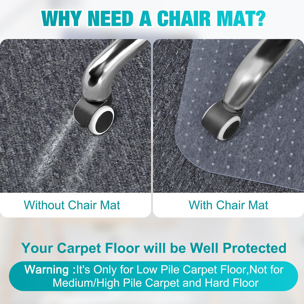 Office Chair Mat for Carpets, 48"x 60" Heavy Duty Clear Plastic Floor Protector, Non-Slip Computer Desk Chair Mat for Low Pile Carpeted Floors, Smooth Rolling Carpet Chair Mat for Home Office