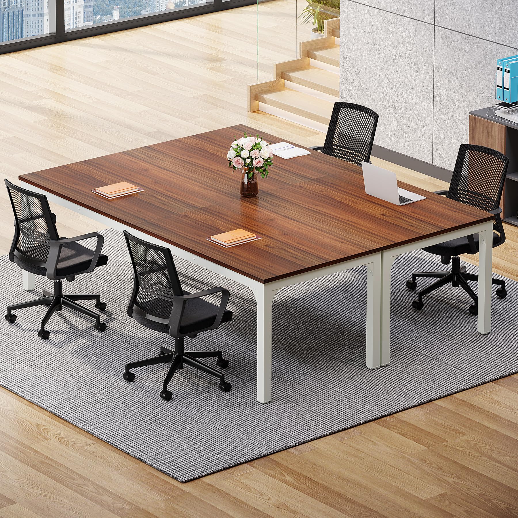 6.5 FT Conference Room Table, 78.74" W x 27.56" D Large Office Conference Table, Modern Seminar Meeting Table Desk for Boardroom, Meeting Room (2, Brown and White)