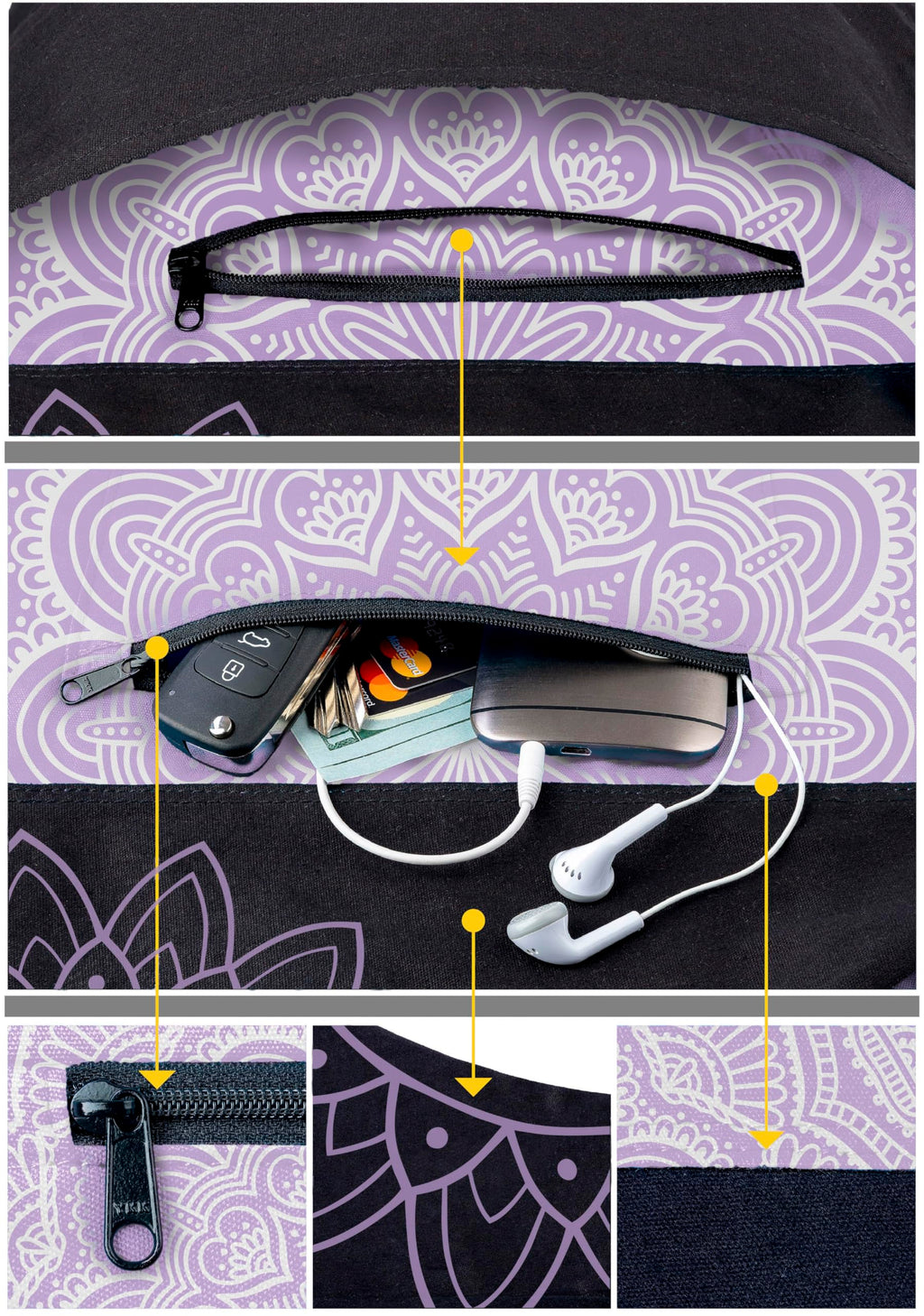 Yoga Mat Bag & Carrier with Pockets, Black & Lavender Bliss