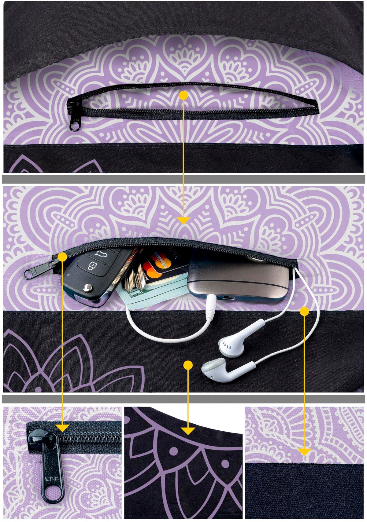 Yoga Mat Bag & Carrier with Pockets, Black & Lavender Bliss