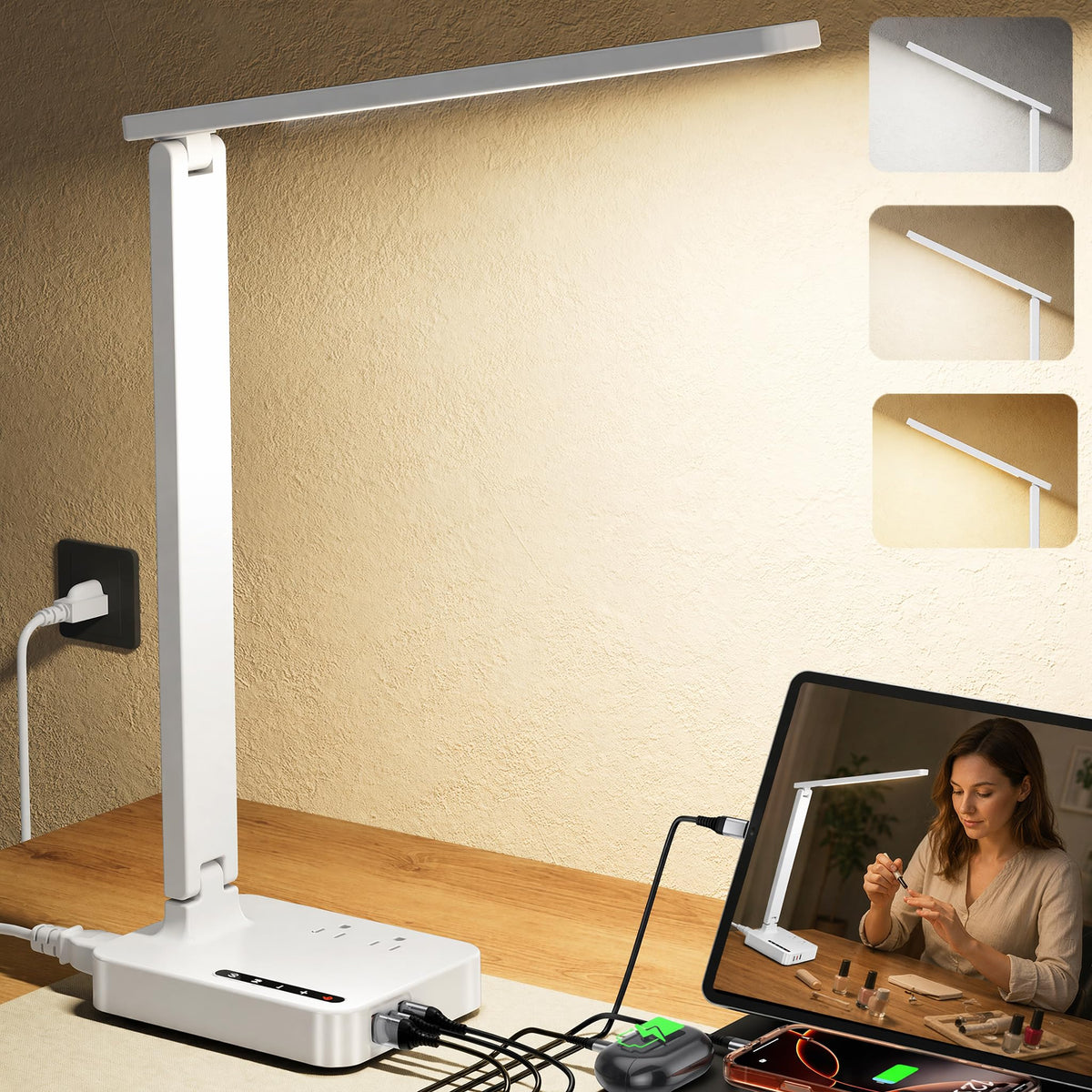 LED Desk Lamp for Dorm Office, USB-C,AC Outlet, Reading Light, White