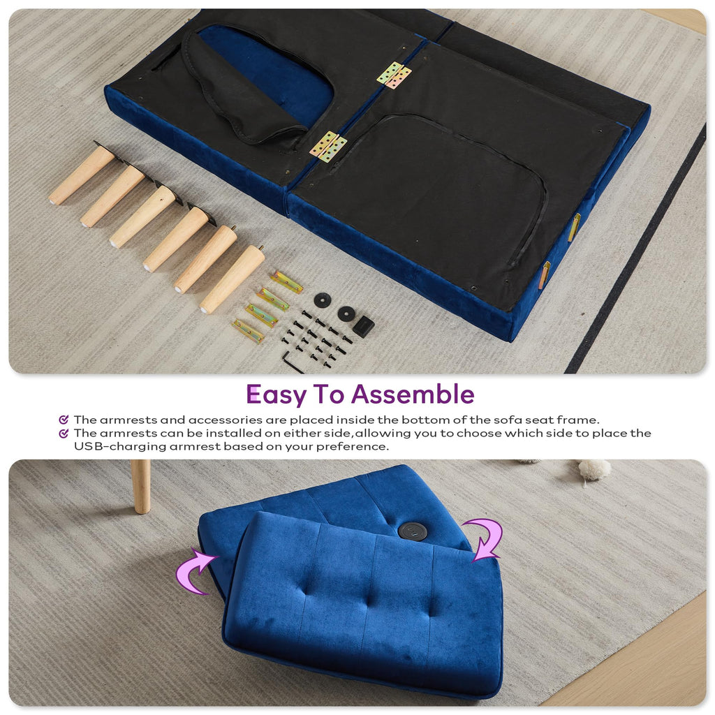 62.99" W Velvet Modern Convertible Folding Futon Couch Sofa Bed w/ 2 USB Charging Ports for Compact Living Space, Small Couches for Office, Dorm, RV Room, Apartment, Bedroom (Navy Blue)