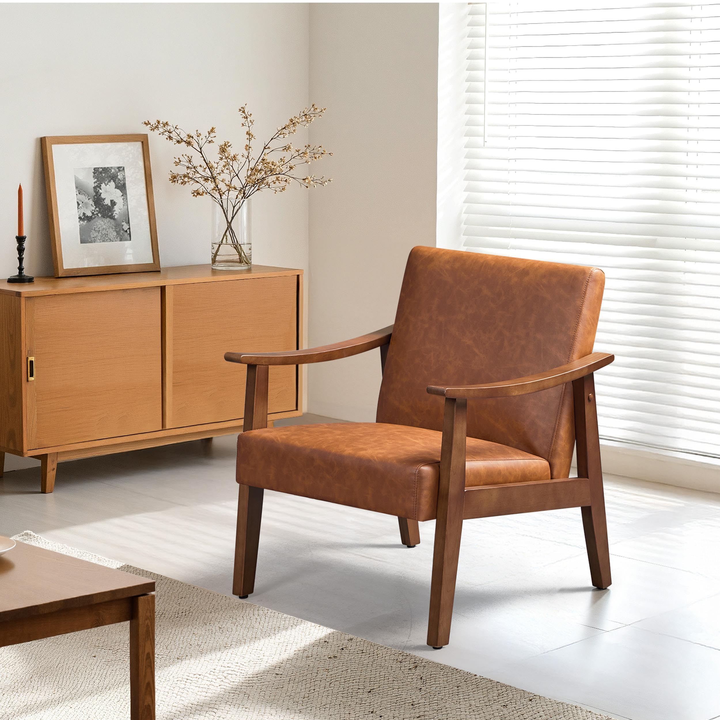 PU Leather Accent Chair, Mid-Century Modern Armchair with Solid Wood Legs, Reading Leisure Chair with High Back for Living Room Bedroom Waiting Room, Light Brown