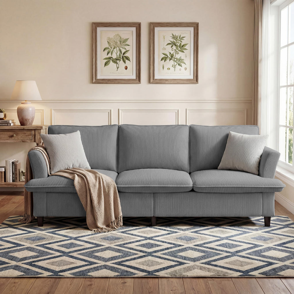 3 Seater Corduroy Couch, 89" Comfy Couch with Deep Seat, Modern Sofa Couch for  Office, Living Room, Bedroom, Apartment (Pillows not Included)