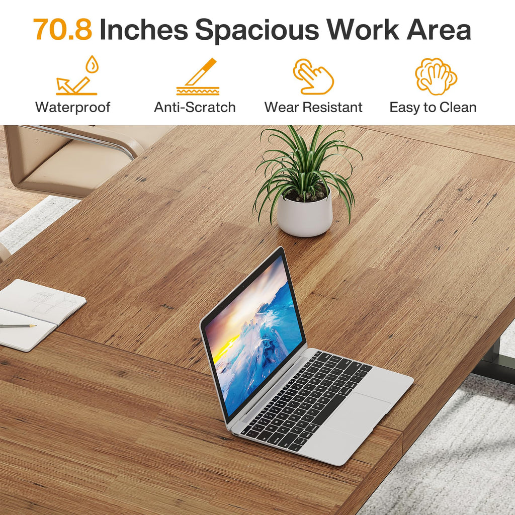 70.8-Inch Executive Desk, Large Computer Office Desk Workstation, Modern Simple Style Laptop Desk Study Writing Table Business Furniture for Home Office (Light Brown, 70.8 Inch)