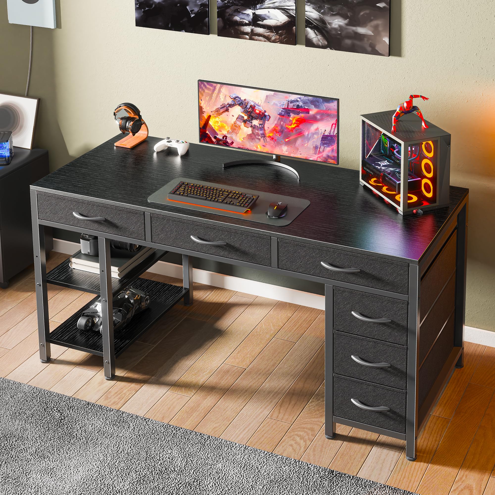 Computer Desk with 6 Drawers, Office Desk with Shelves, Reversible Gaming Desk, Corner Desk with Storage, Work for Home Office, Study, Living Room, 47inch, Black