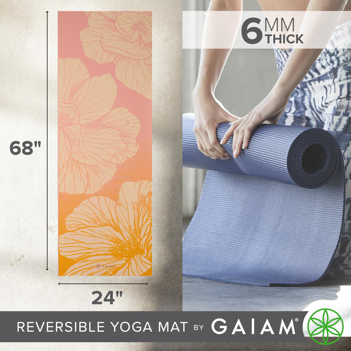 Reversible Yoga Mat, 6mm Thick Print Mat (Dahlia Grains)