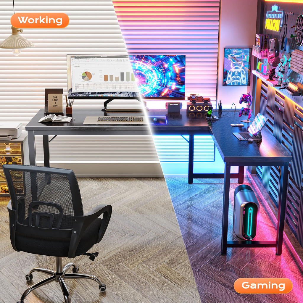 63 Inch L Shaped Desk with Power Outlets and USB-C Port, Reversible Computer Desk, Larger Office Corner Gaming Desk, 0.95 Inch Thicker Desktop, Metal Frame, for Home Office, Study, Black