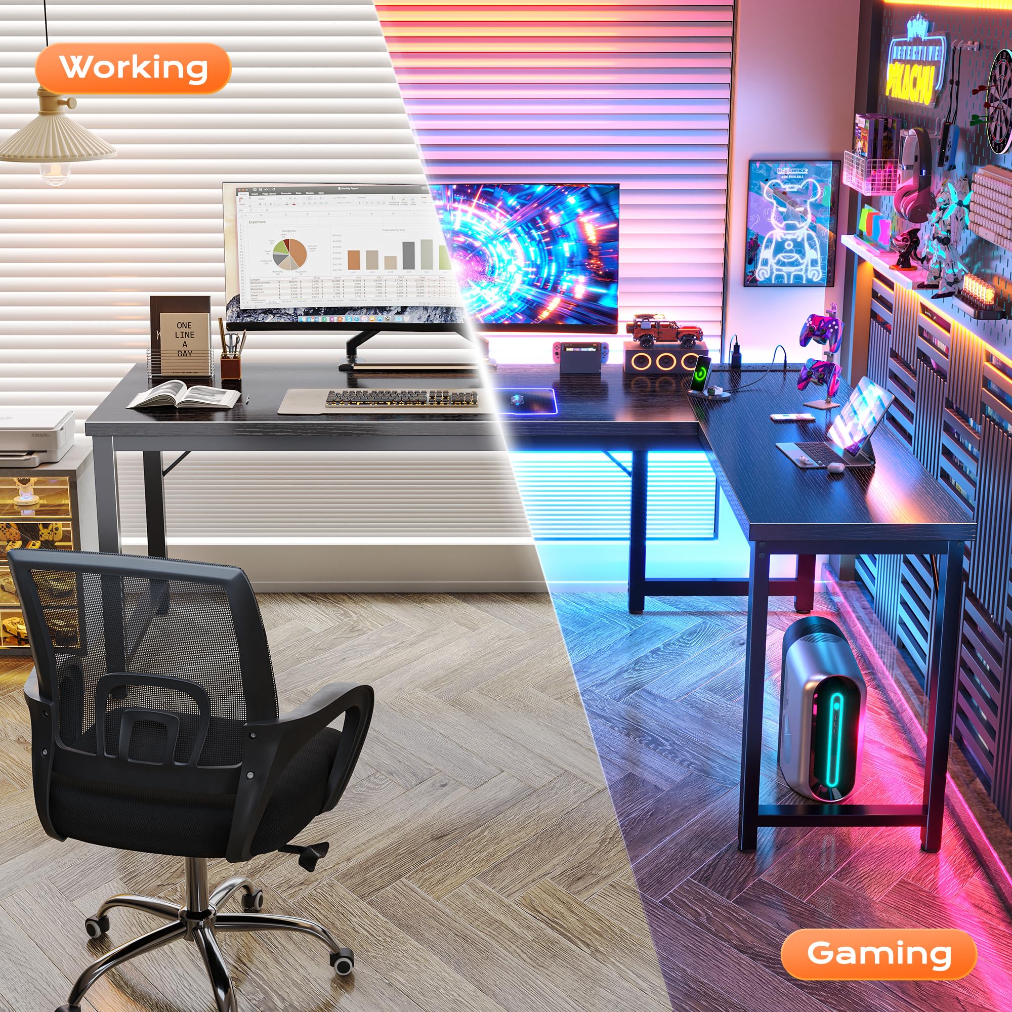 63 Inch L Shaped Desk with Power Outlets and USB-C Port, Reversible Computer Desk, Larger Office Corner Gaming Desk, 0.95 Inch Thicker Desktop, Metal Frame, for Home Office, Study, Black