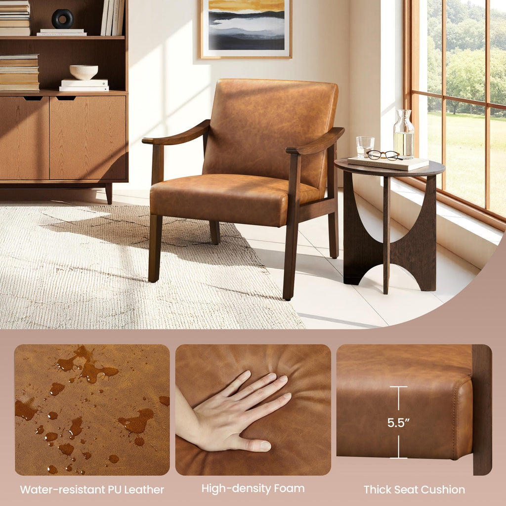 PU Leather Accent Chair, Mid-Century Modern Armchair with Solid Wood Legs, Reading Leisure Chair with High Back for Living Room Bedroom Waiting Room, Brown