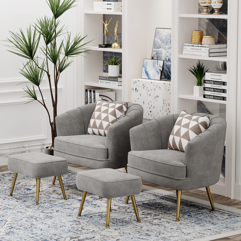 Velvet Accent Chair with Ottoman, Upholstered Modern Single Sofa Side Chair,Comfy Barrel Club Living Room Armchair with Golden Metal Legs for Bedroom Office Living Reading Room , Grey
